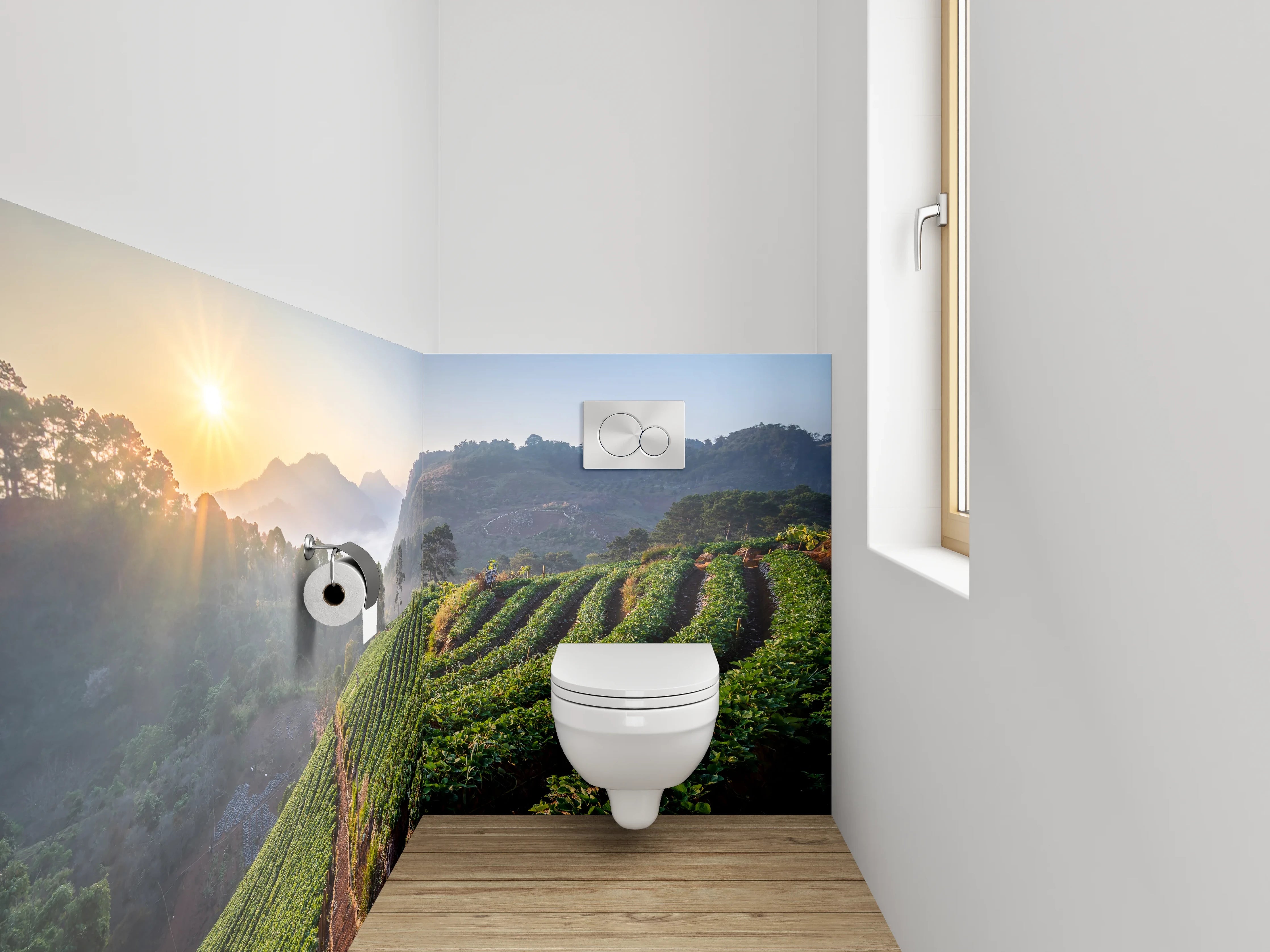 WC-Rückwand - Sonnenaufgang über grünen Feldern