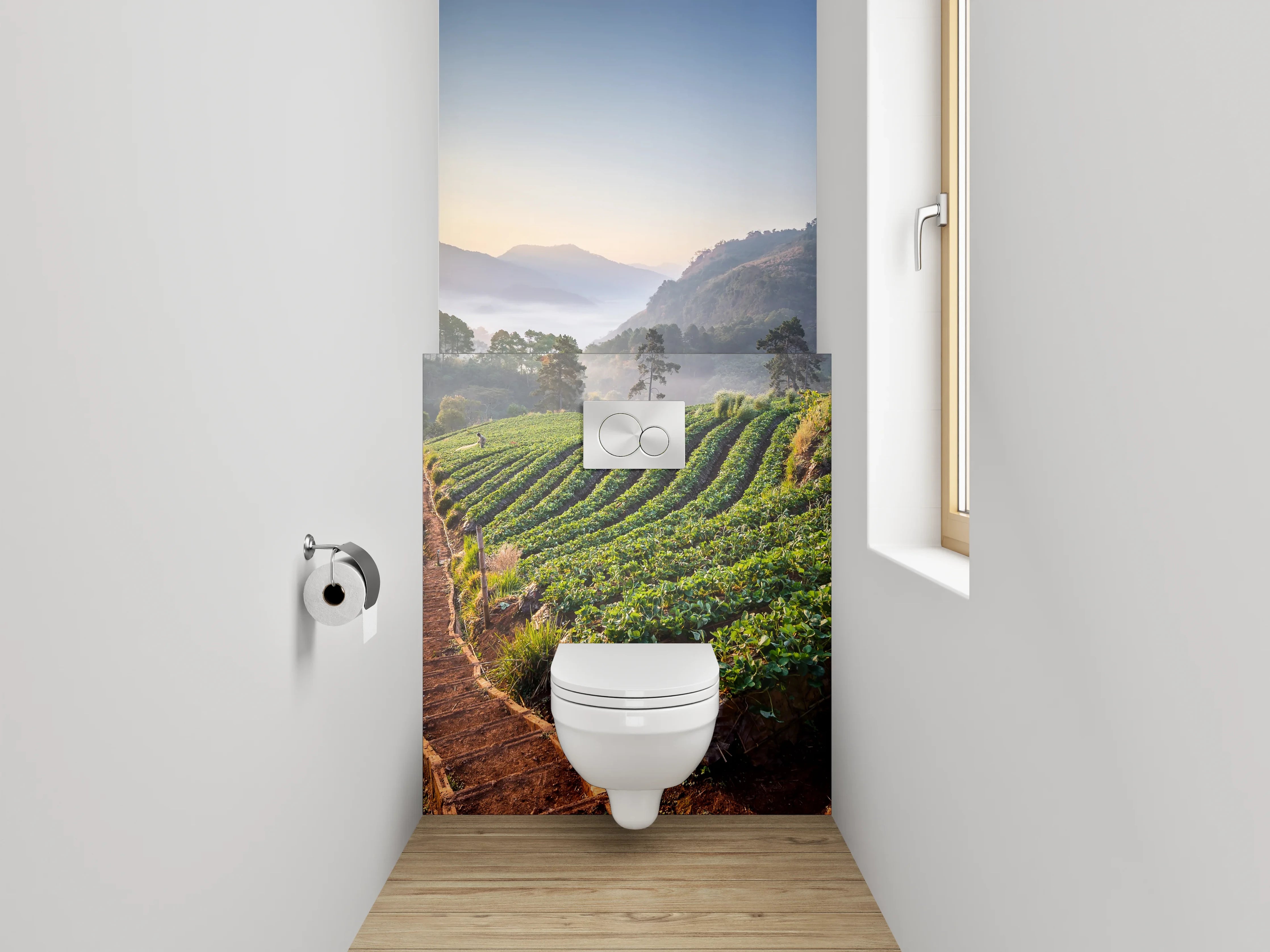 WC-Rückwand - Sonnenaufgang über grünen Feldern