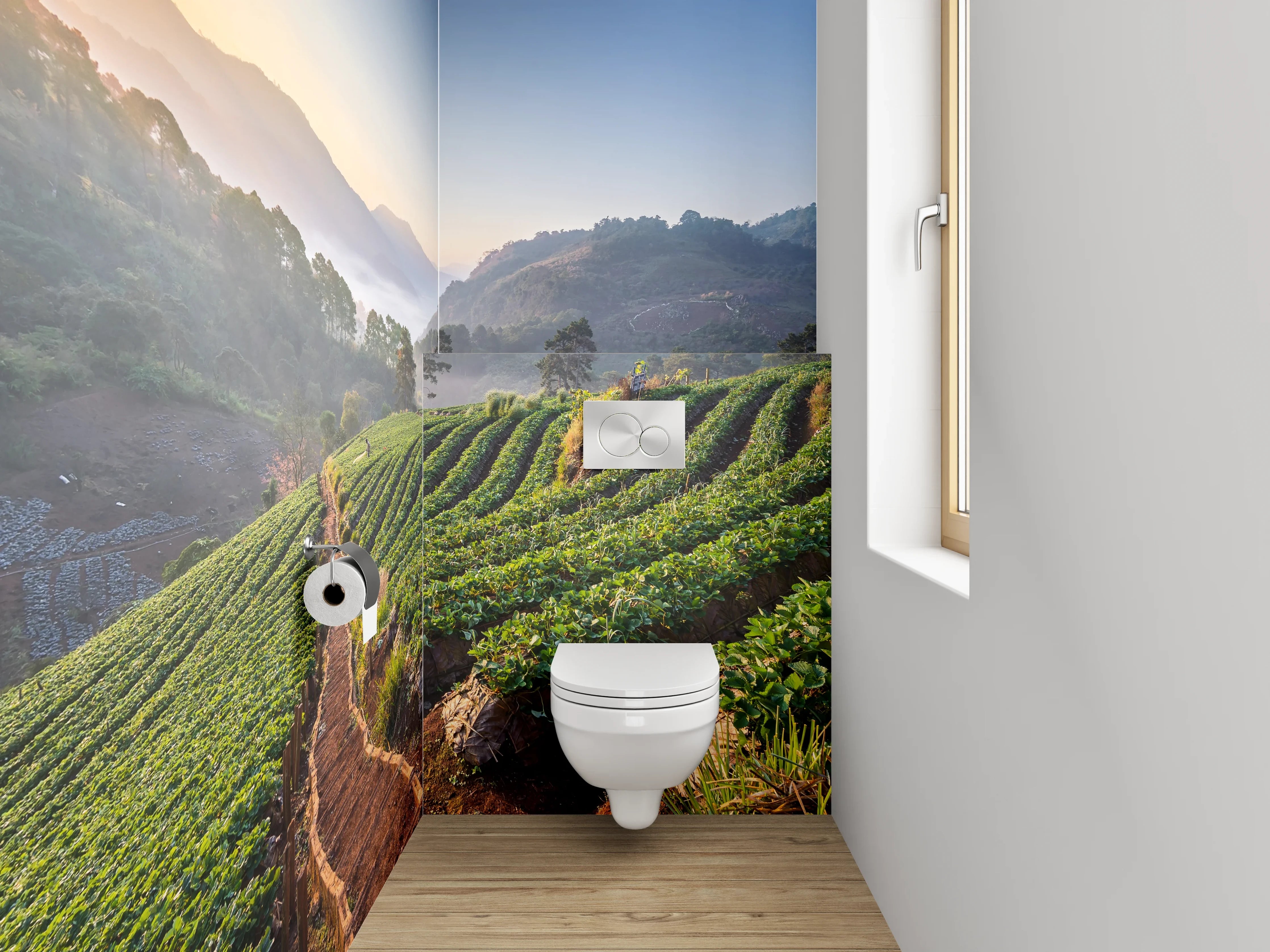 WC-Rückwand - Sonnenaufgang über grünen Feldern