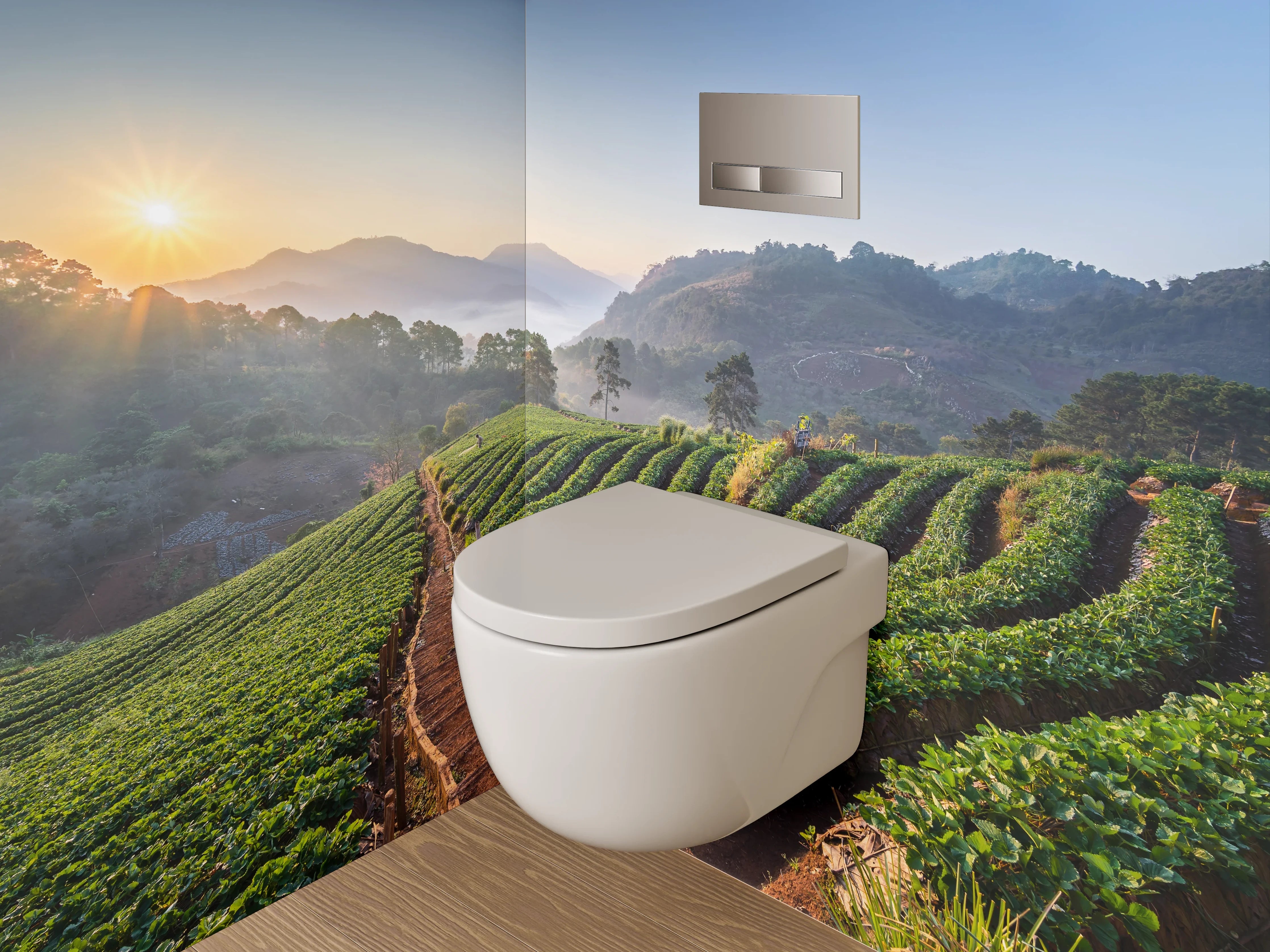 WC-Rückwand - Sonnenaufgang über grünen Feldern