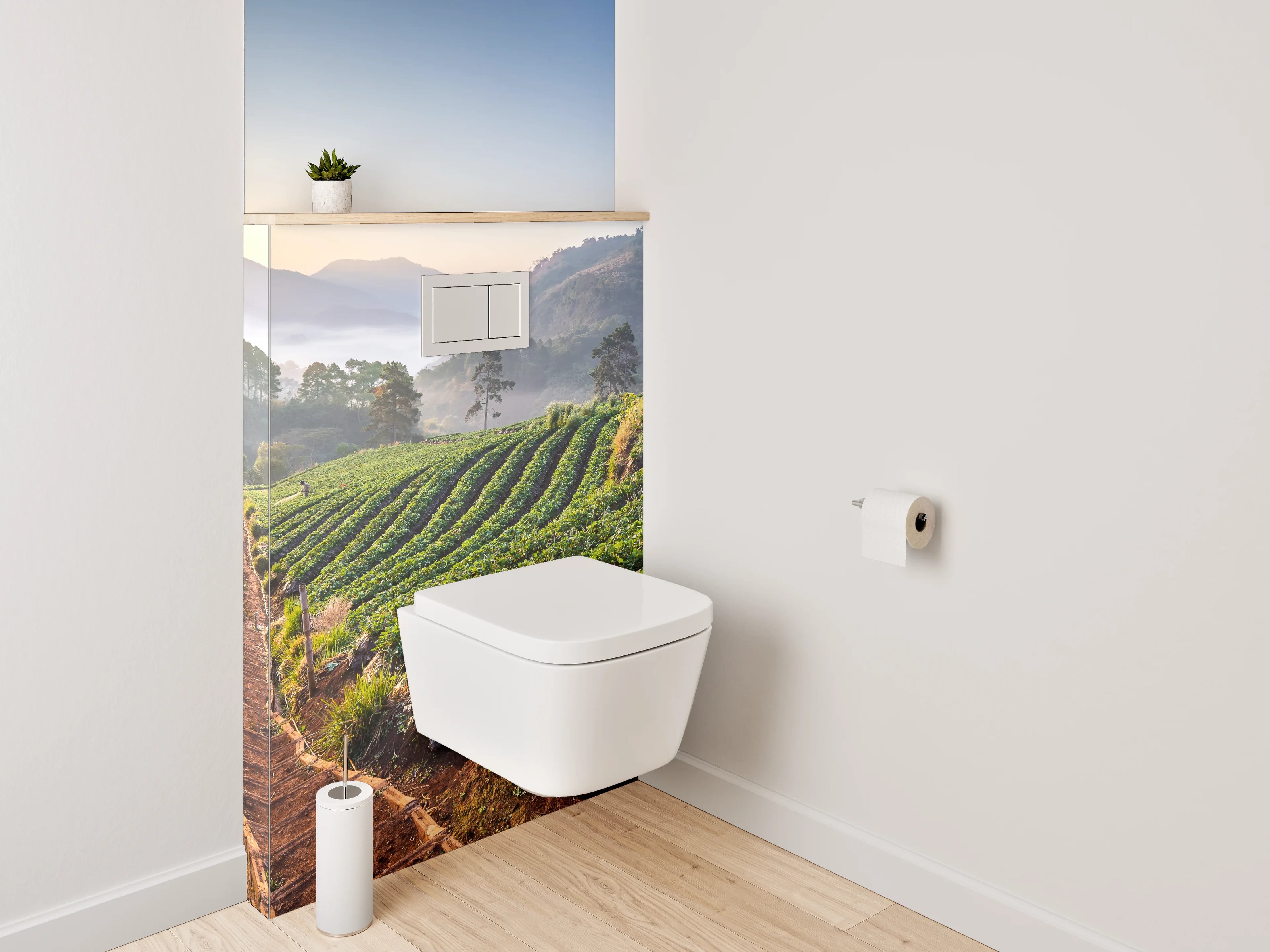 WC-Rückwand - Sonnenaufgang über grünen Feldern