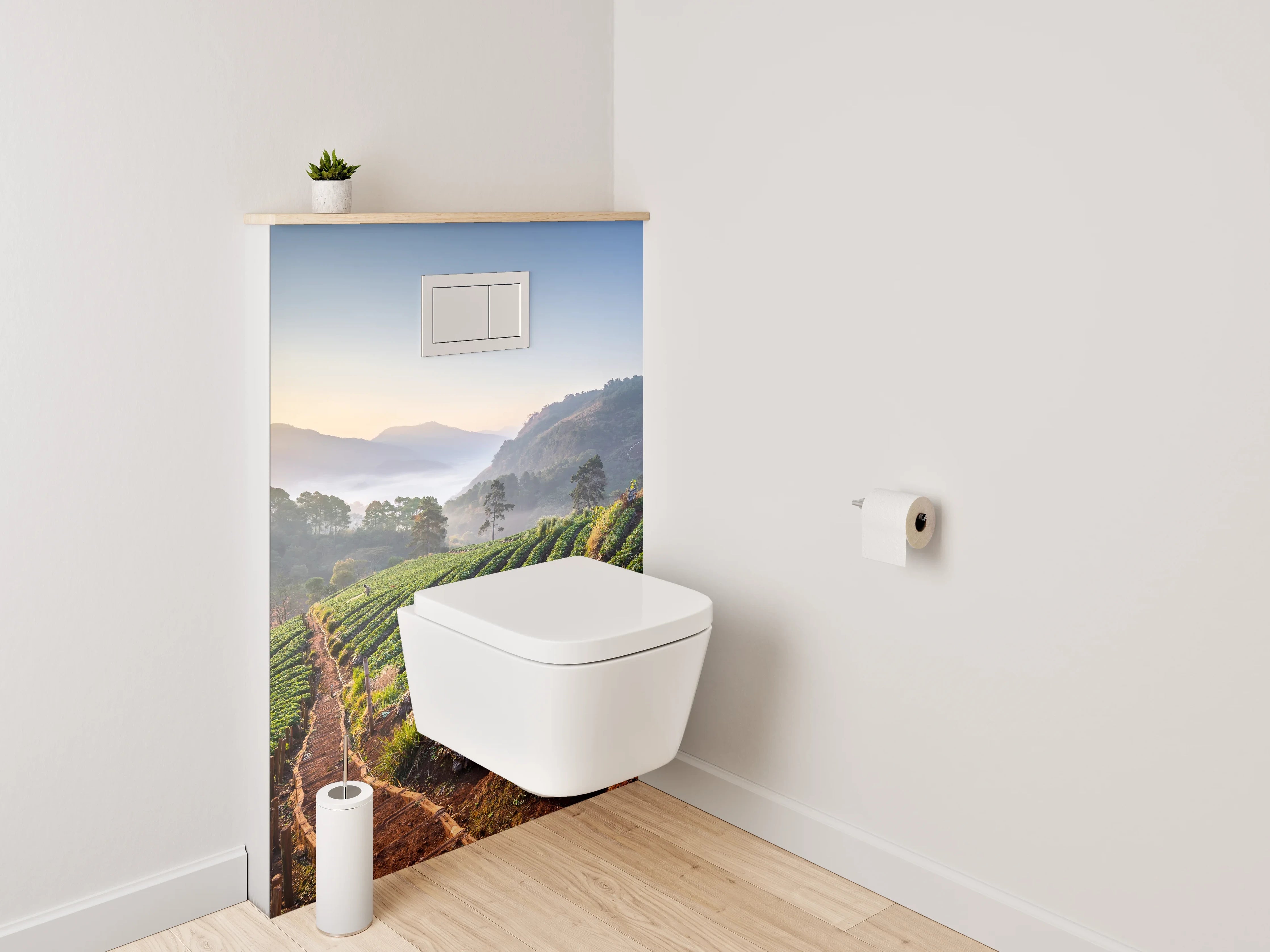 WC-Rückwand - Sonnenaufgang über grünen Feldern