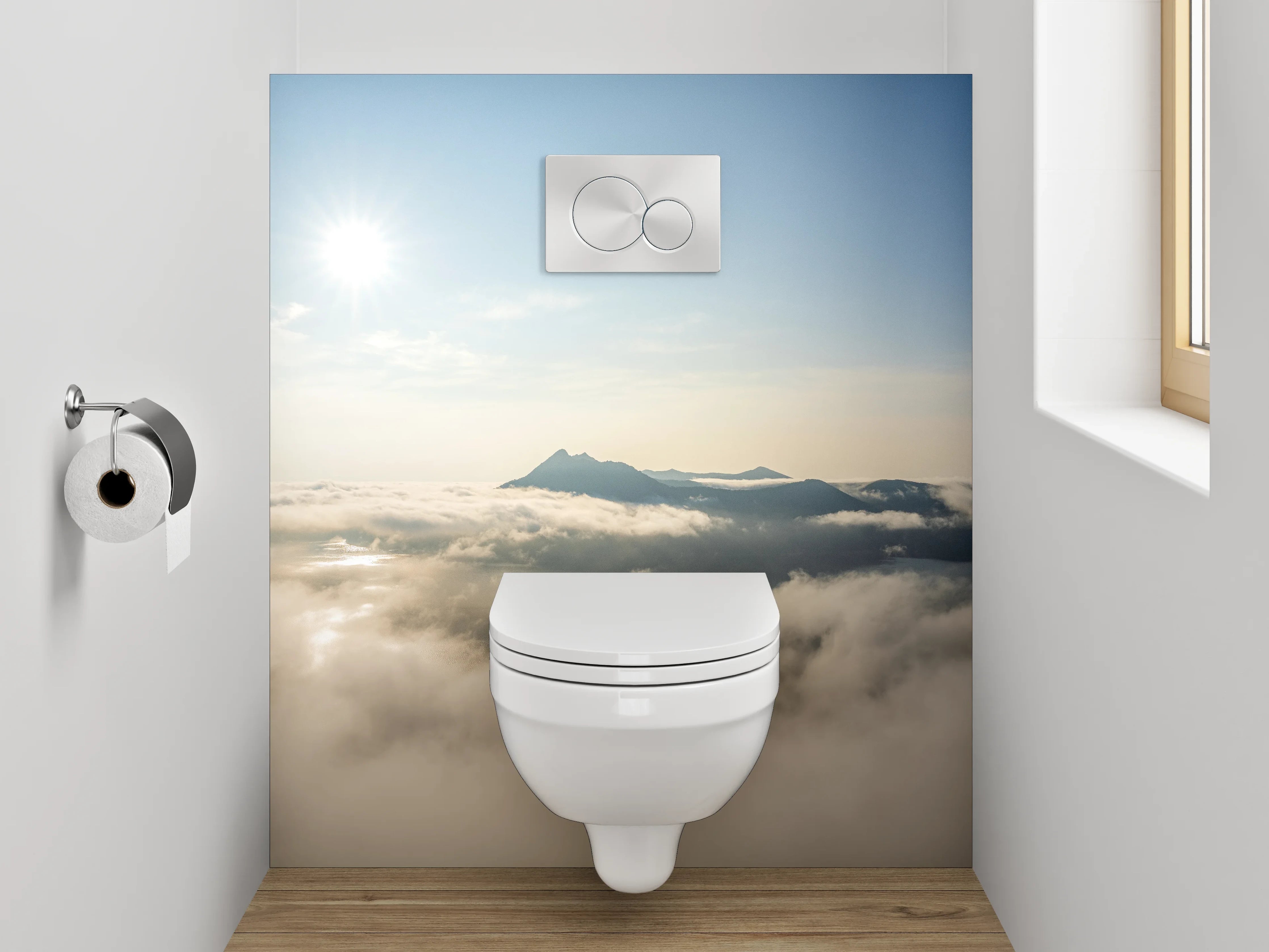 WC-Rückwand - Sonnenaufgang über nebelverhüllten Bergen