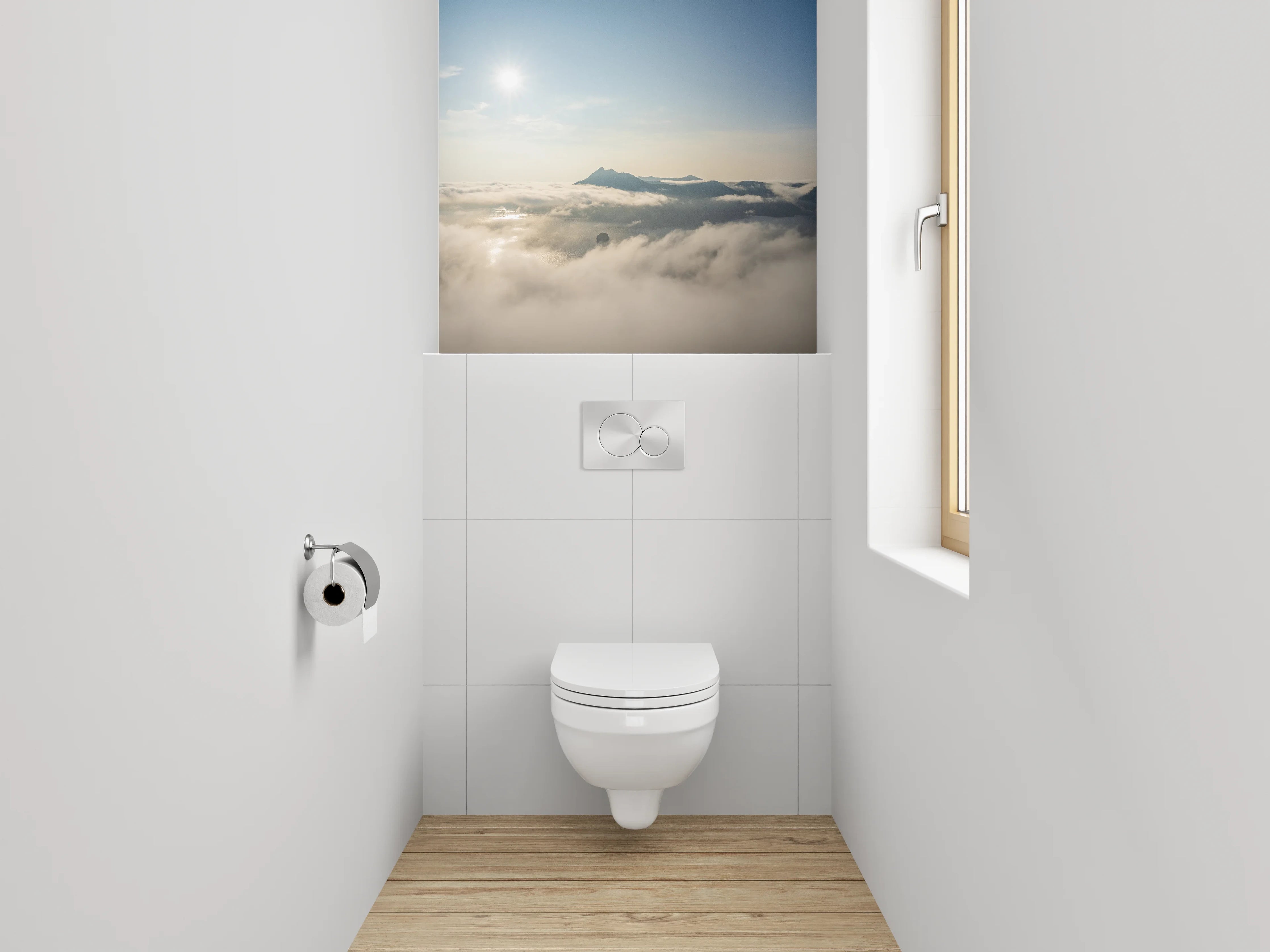 WC-Rückwand - Sonnenaufgang über nebelverhüllten Bergen