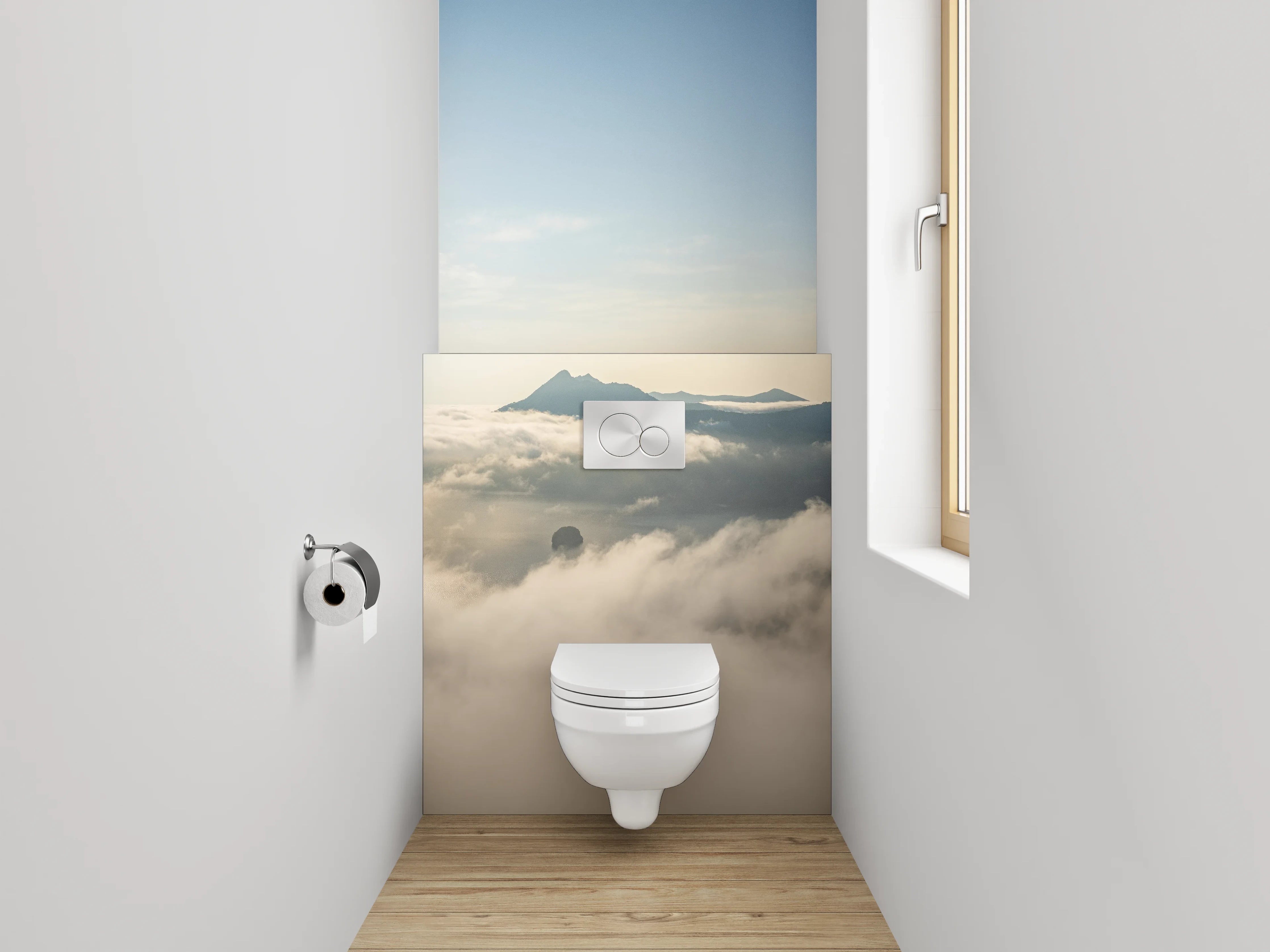 WC-Rückwand - Sonnenaufgang über nebelverhüllten Bergen