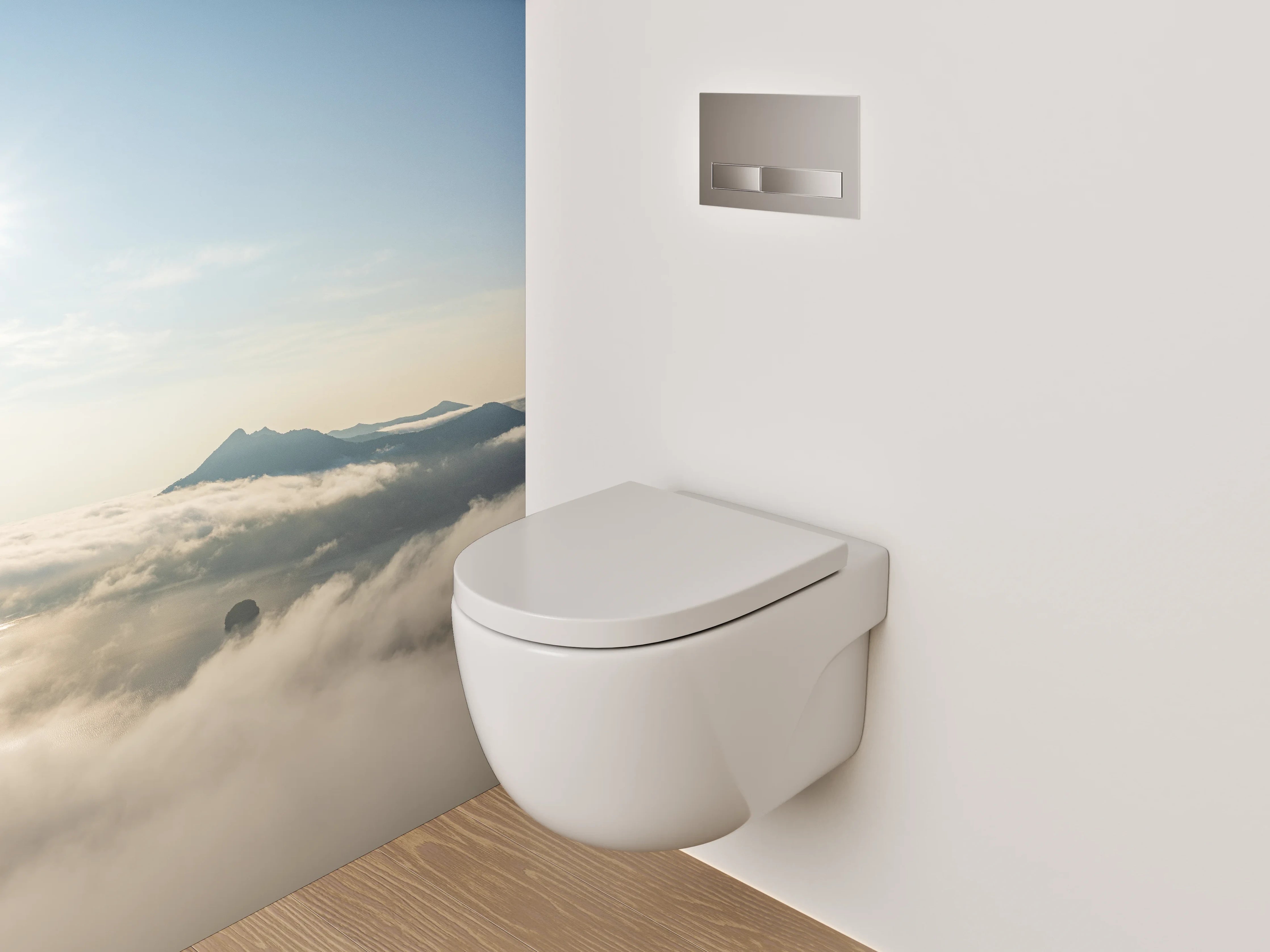 WC-Rückwand - Sonnenaufgang über nebelverhüllten Bergen