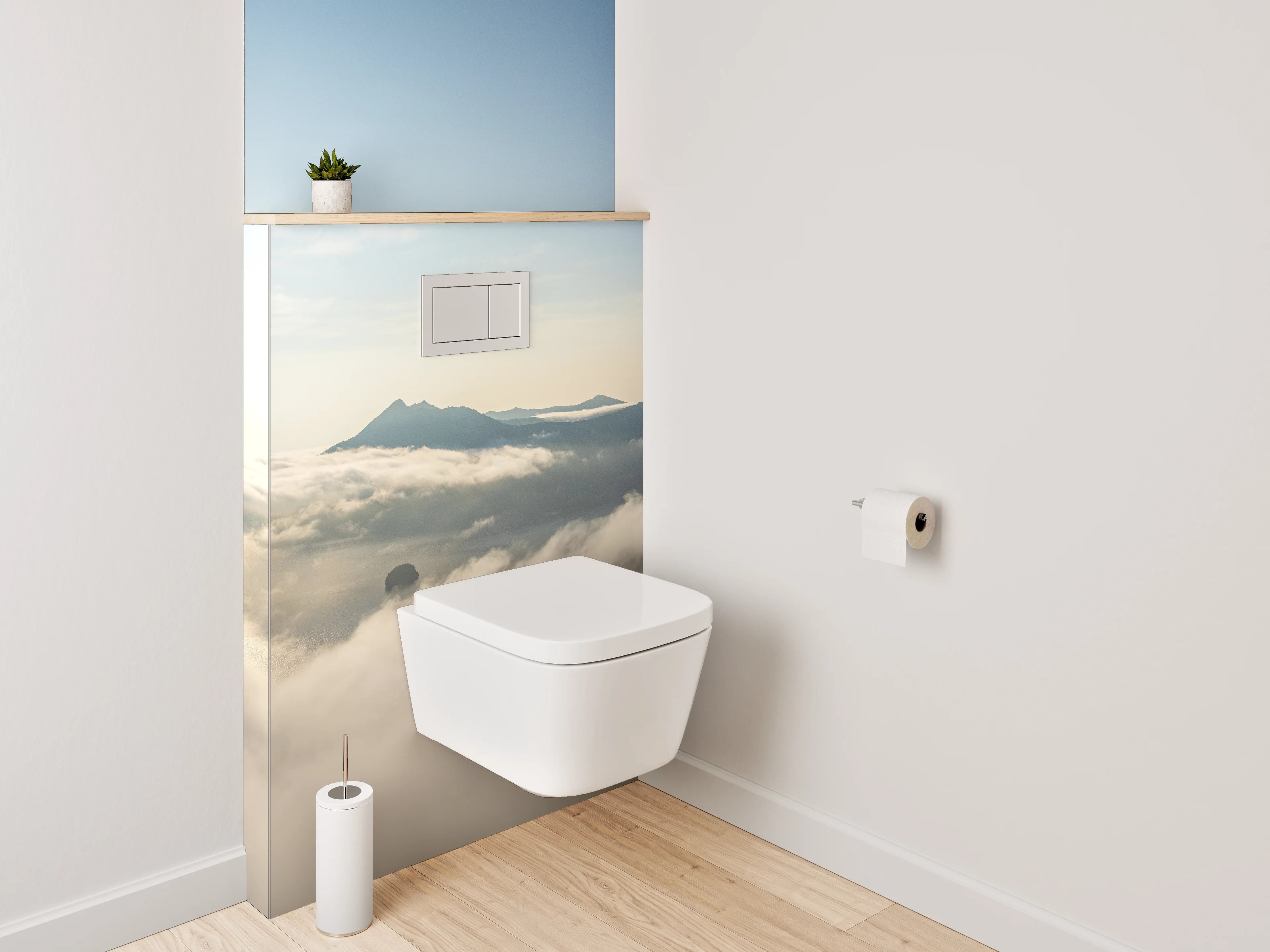 WC-Rückwand - Sonnenaufgang über nebelverhüllten Bergen