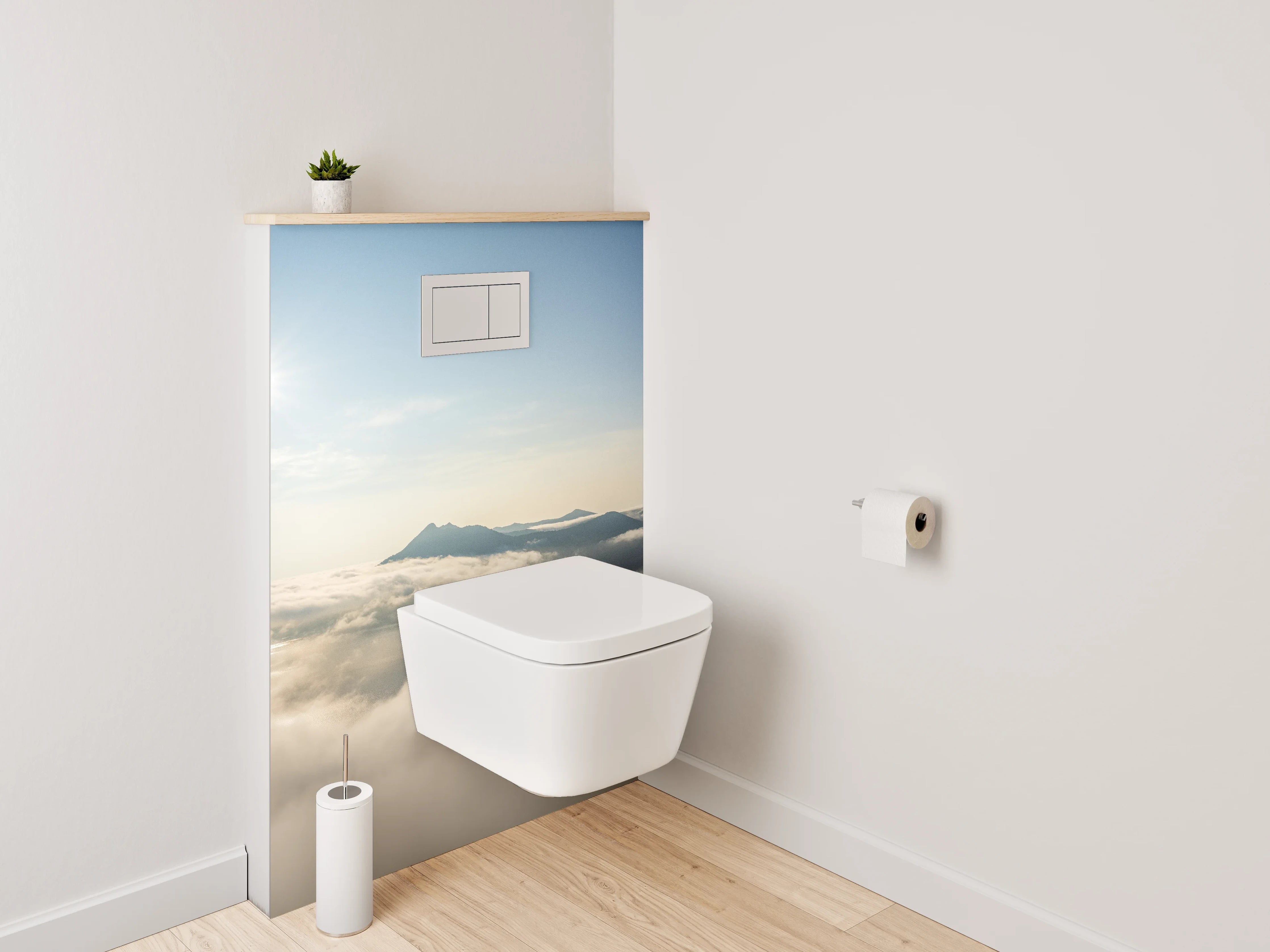 WC-Rückwand - Sonnenaufgang über nebelverhüllten Bergen
