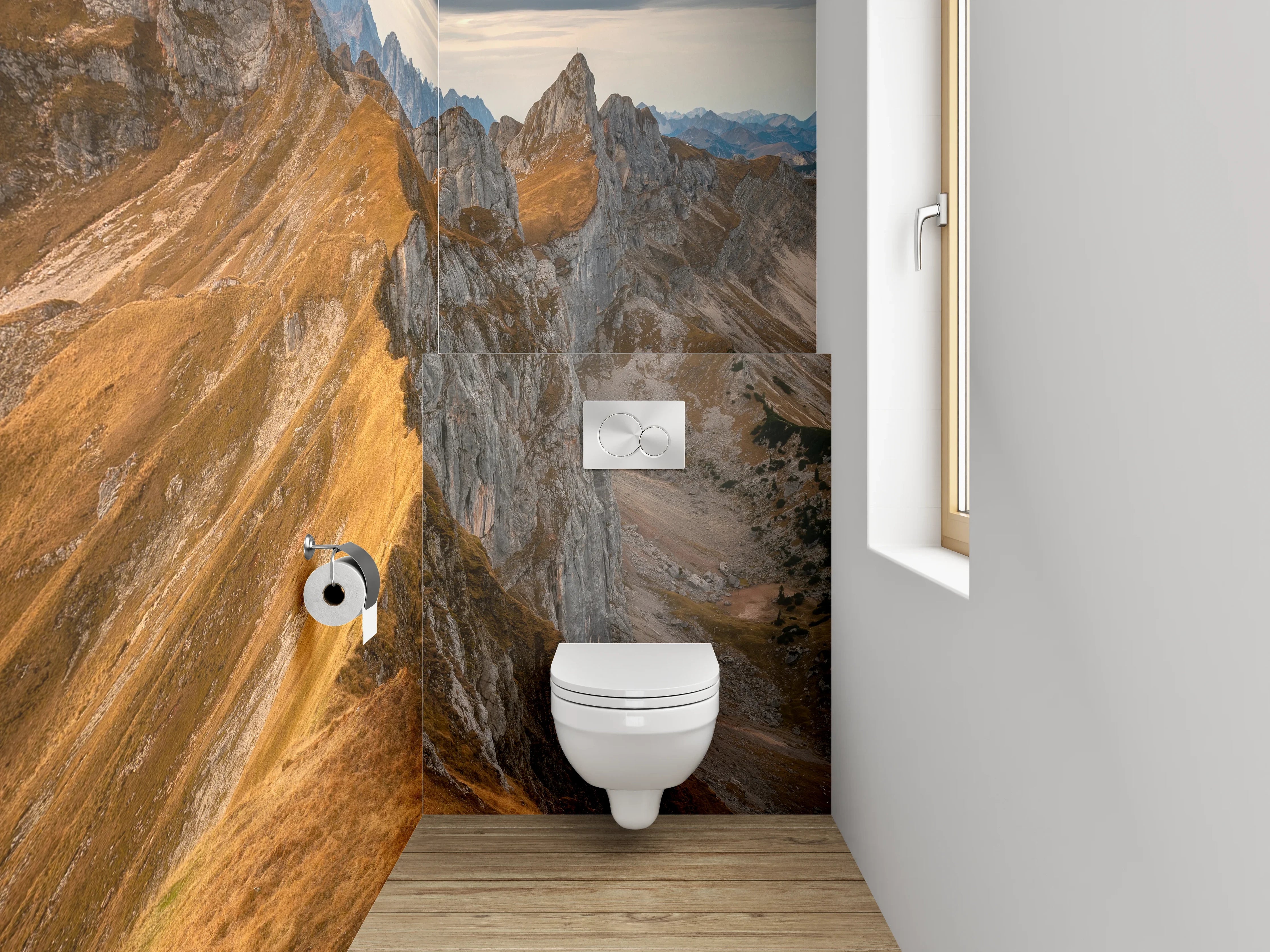 WC-Rückwand - Sonnenbeschienene Bergspitzen im Abendlicht