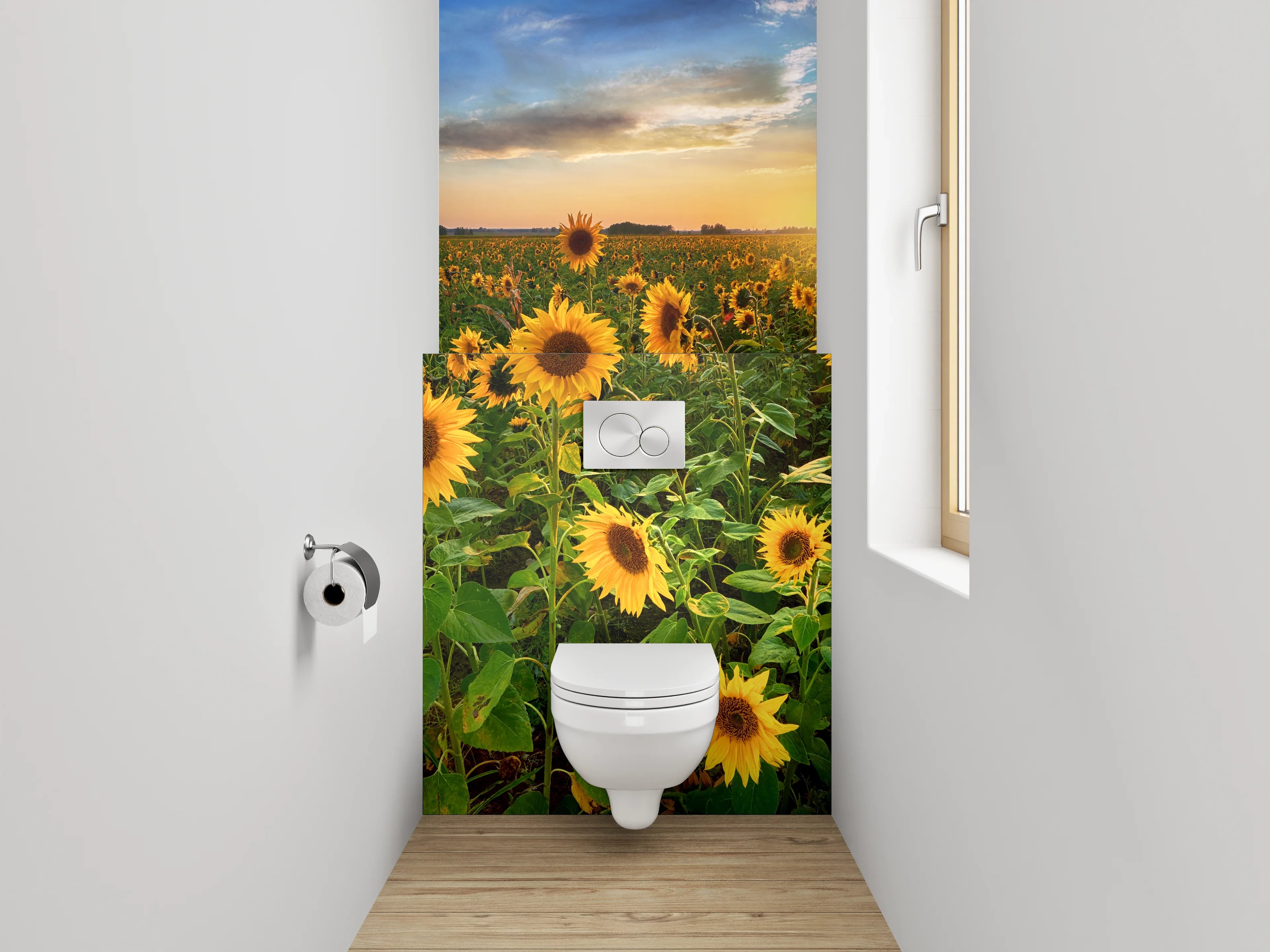 WC-Rückwand - Sonnenblumenfeld im Sonnenuntergang
