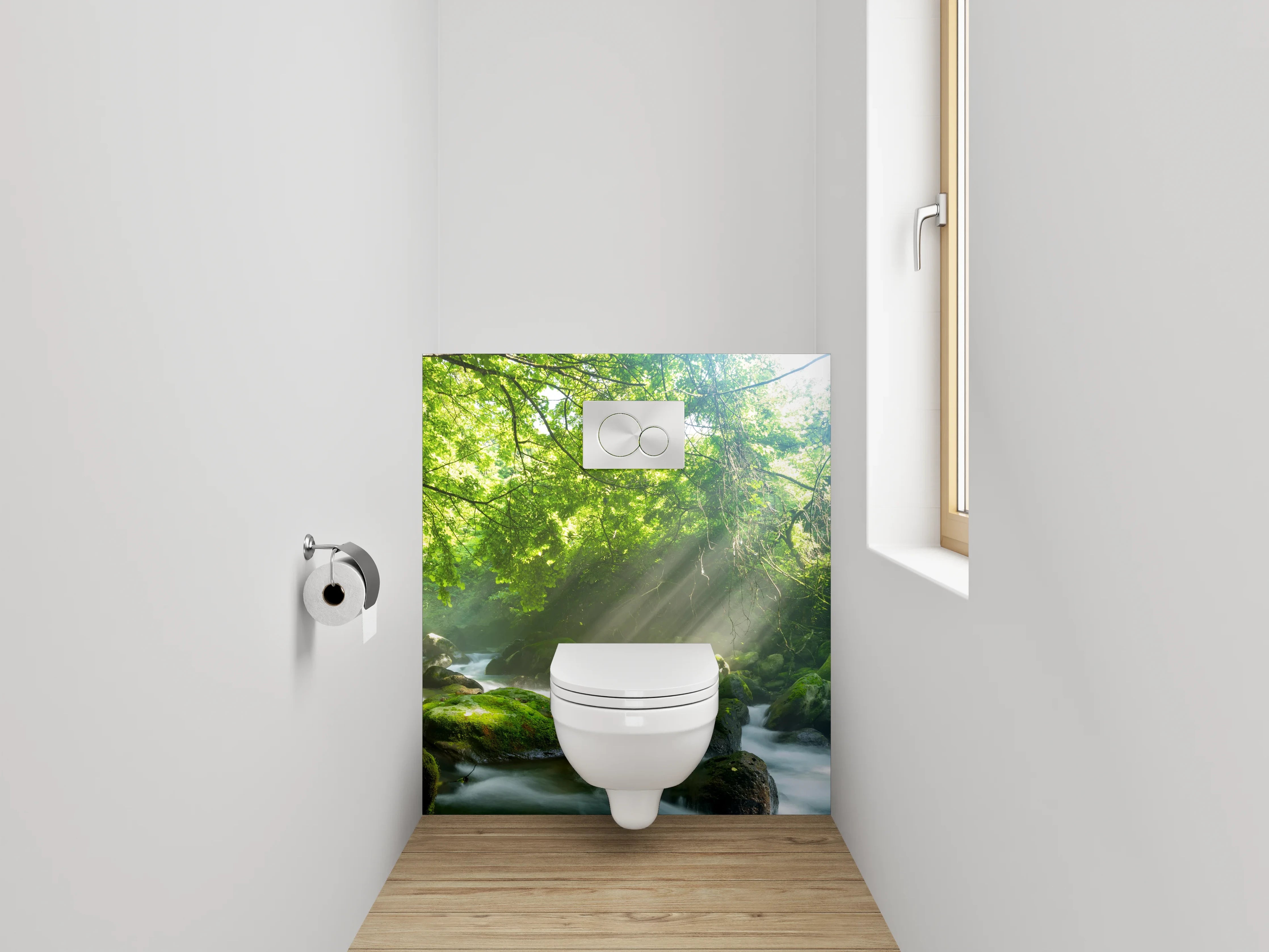 WC-Rückwand - Sonnenstrahlen im grünen Wald am Fluss