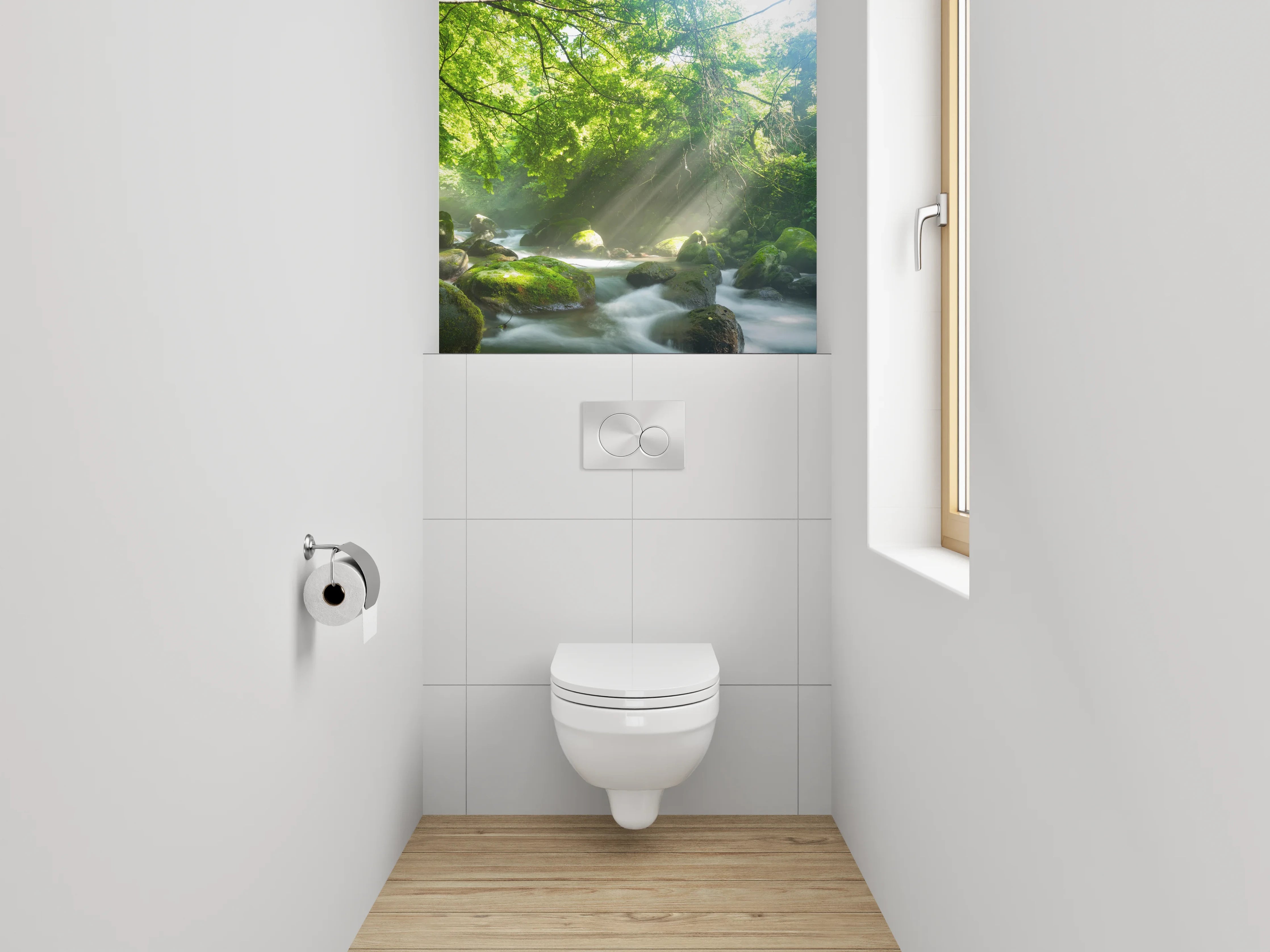 WC-Rückwand - Sonnenstrahlen im grünen Wald am Fluss