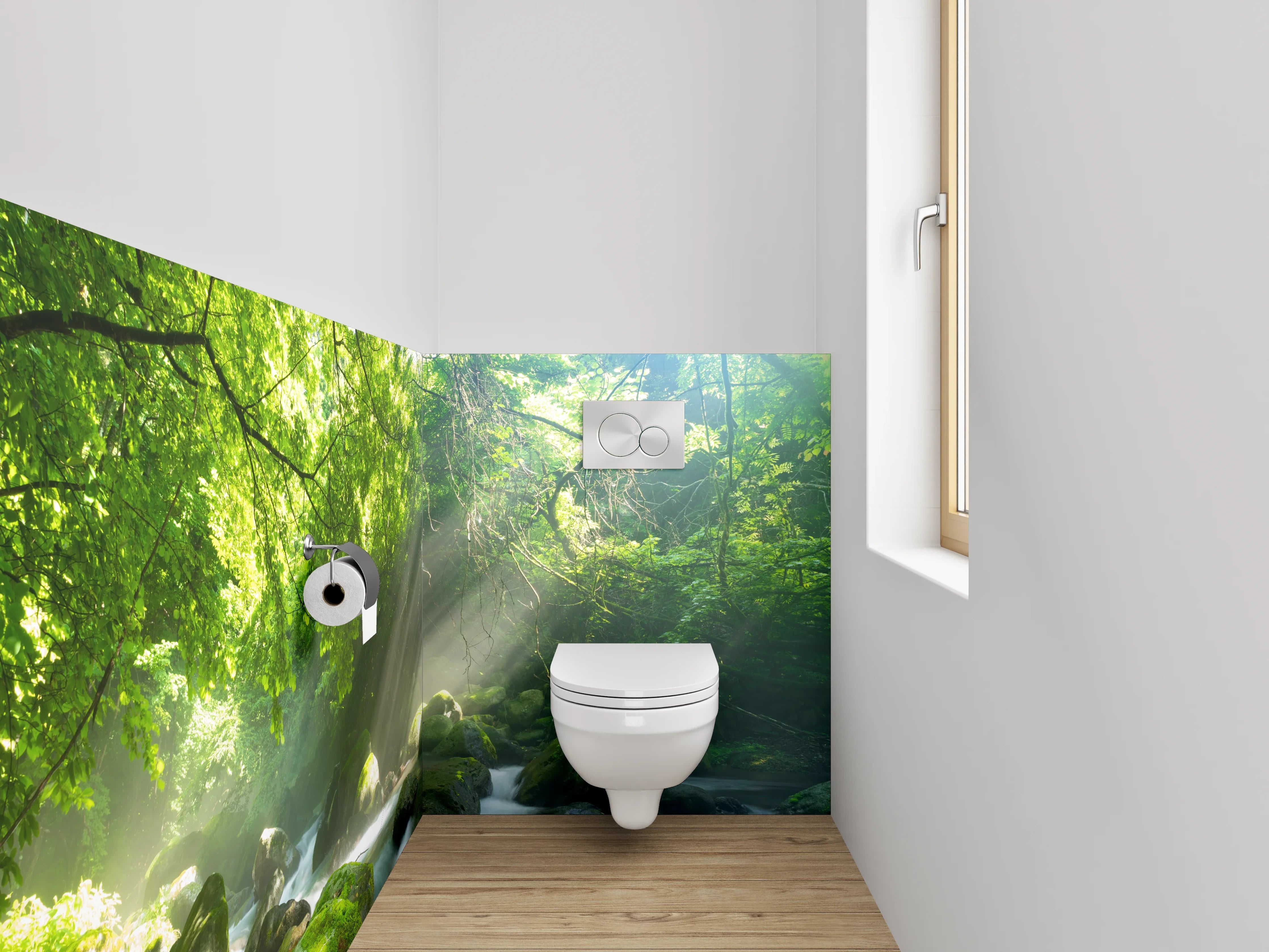 WC-Rückwand - Sonnenstrahlen im grünen Wald am Fluss