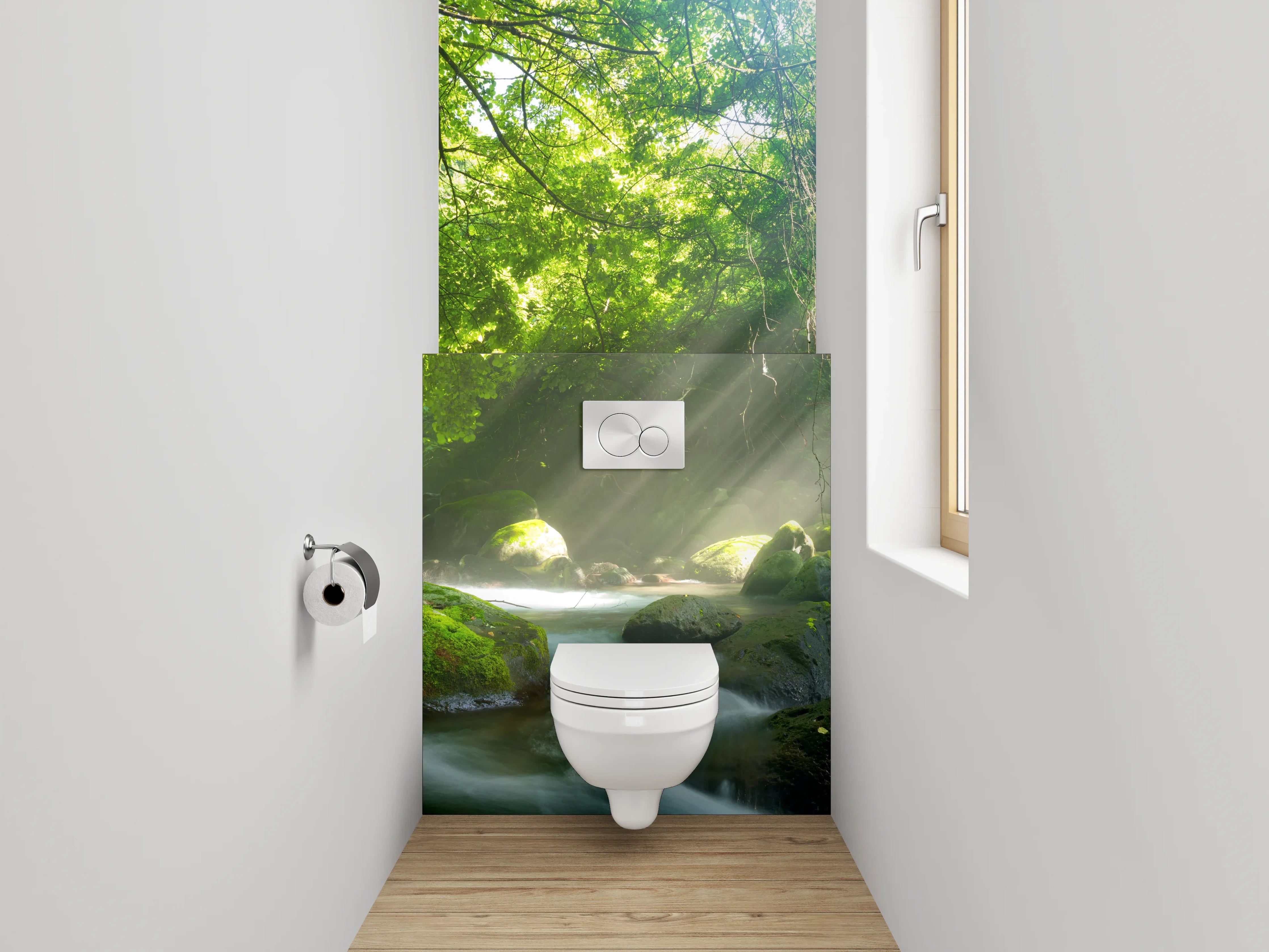 WC-Rückwand - Sonnenstrahlen im grünen Wald am Fluss