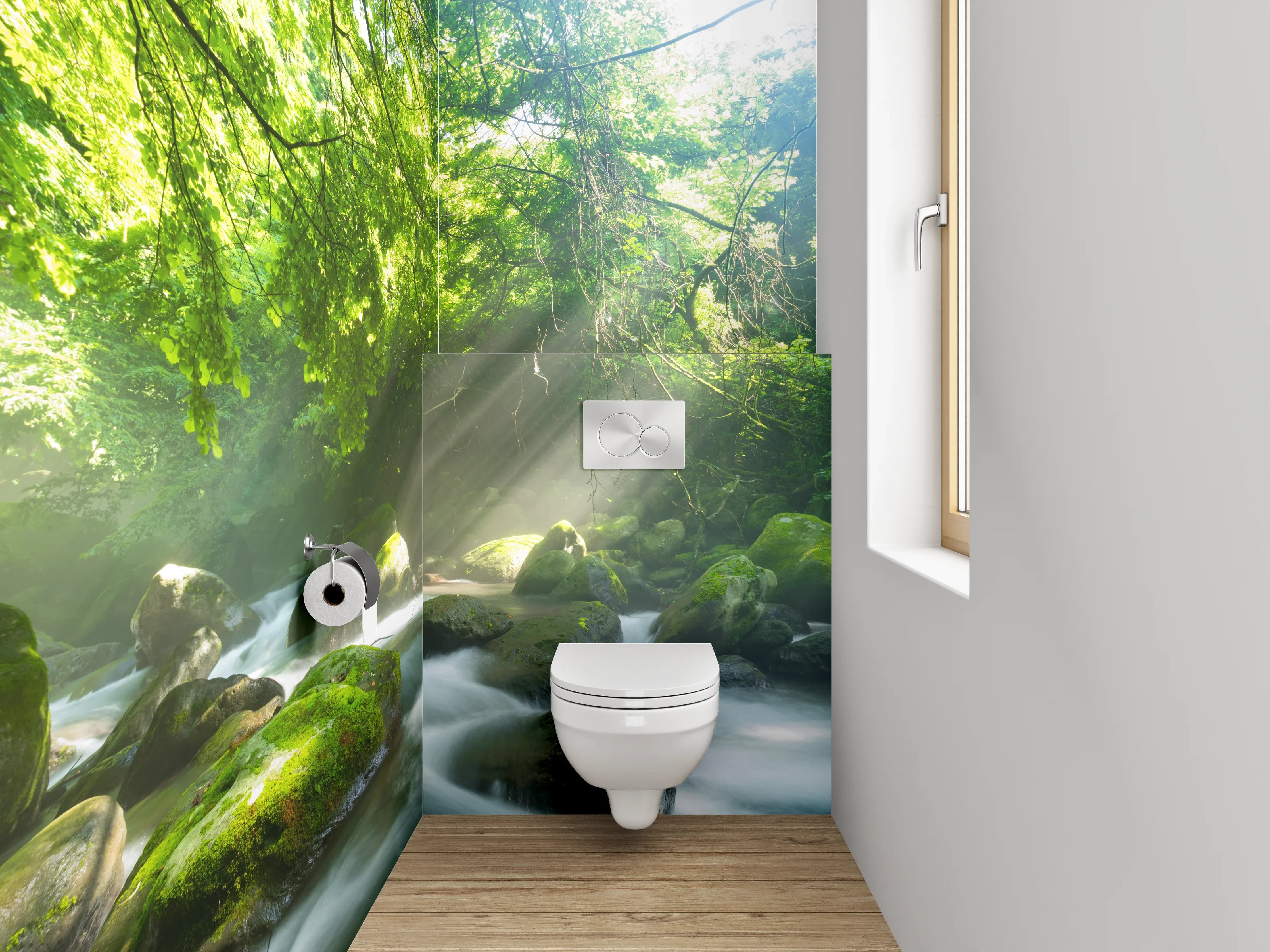 WC-Rückwand - Sonnenstrahlen im grünen Wald am Fluss