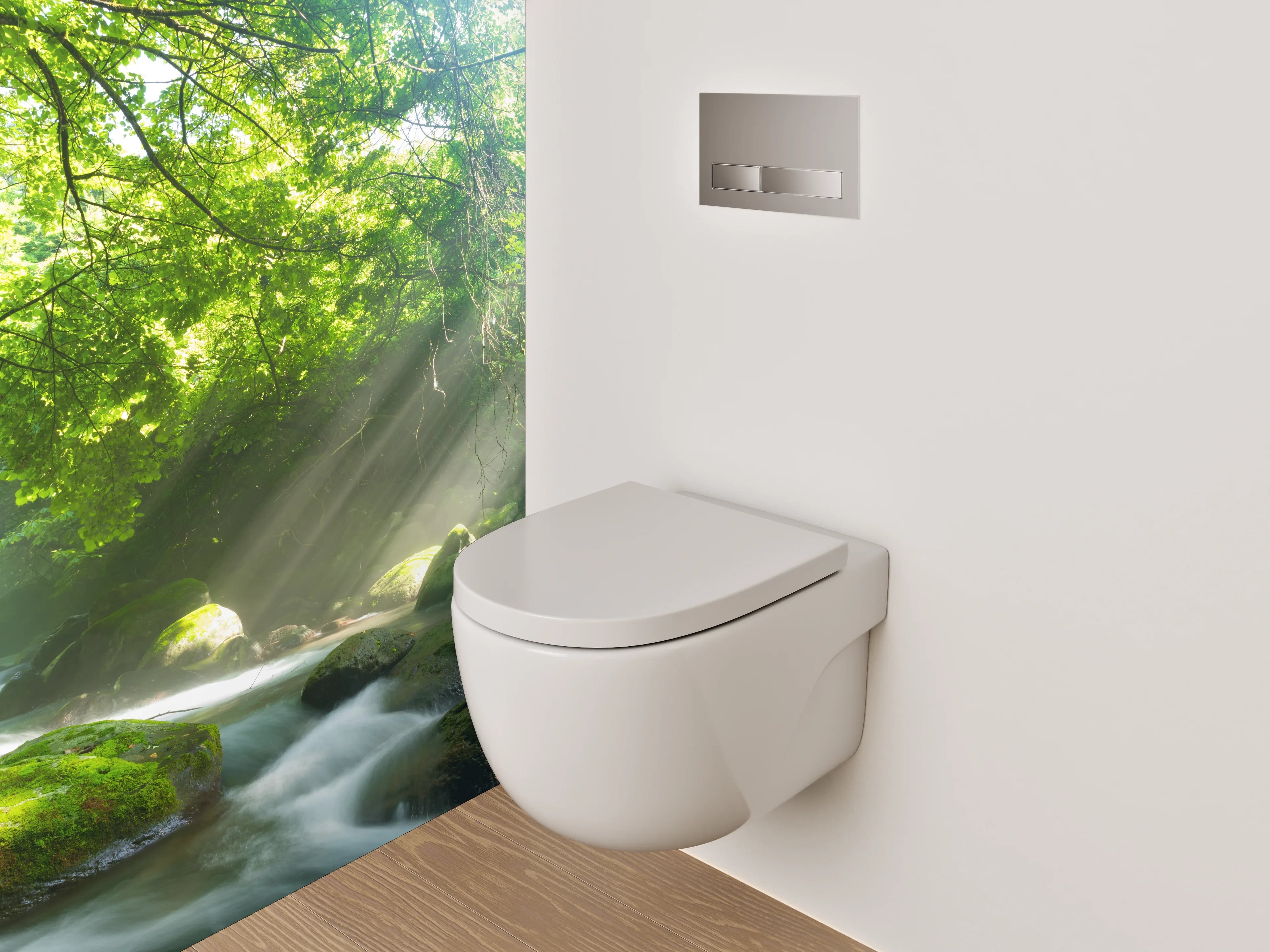 WC-Rückwand - Sonnenstrahlen im grünen Wald am Fluss