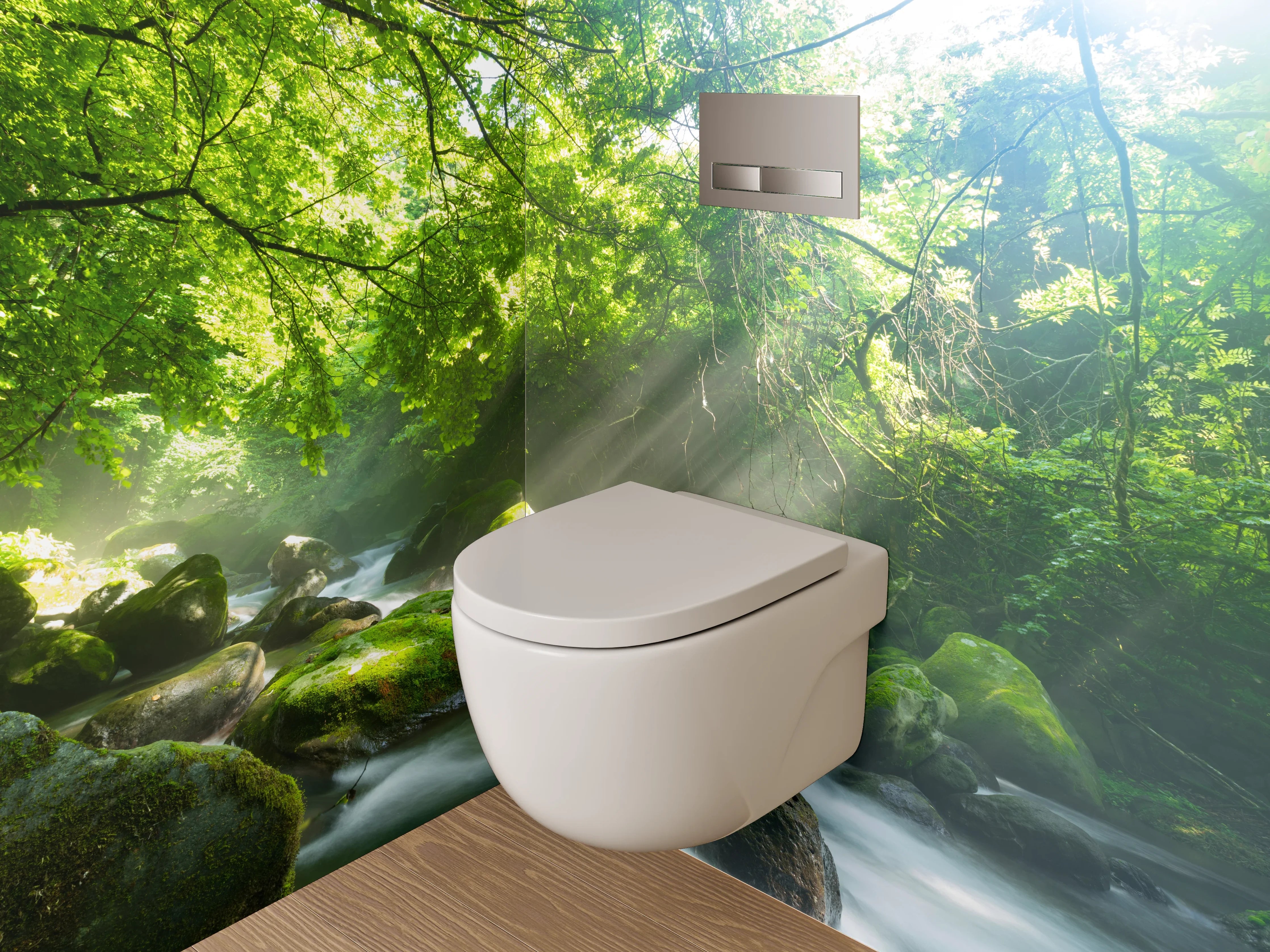 WC-Rückwand - Sonnenstrahlen im grünen Wald am Fluss
