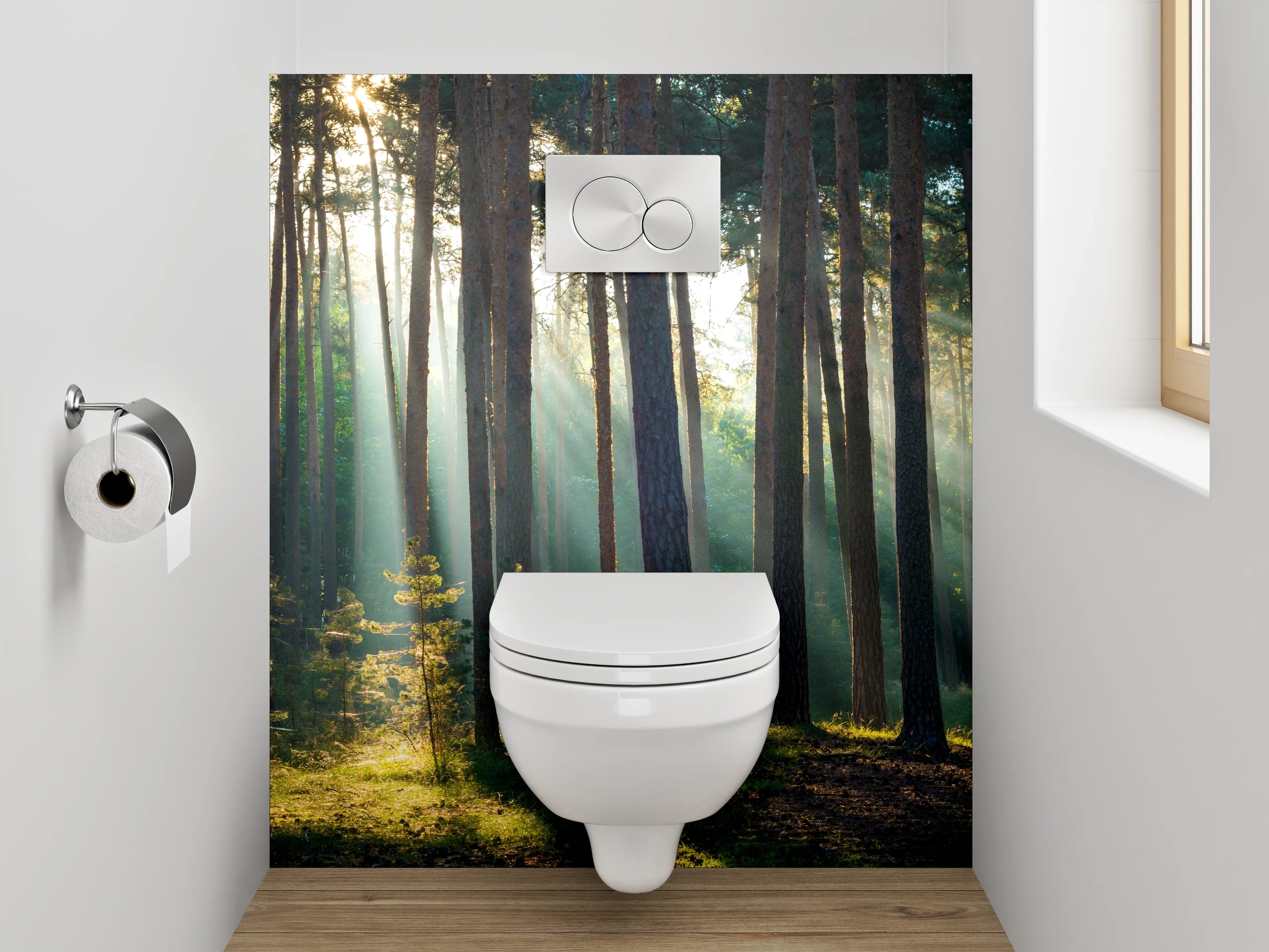 WC-Rückwand - Sonnenstrahlen im ruhigen Kiefernwald