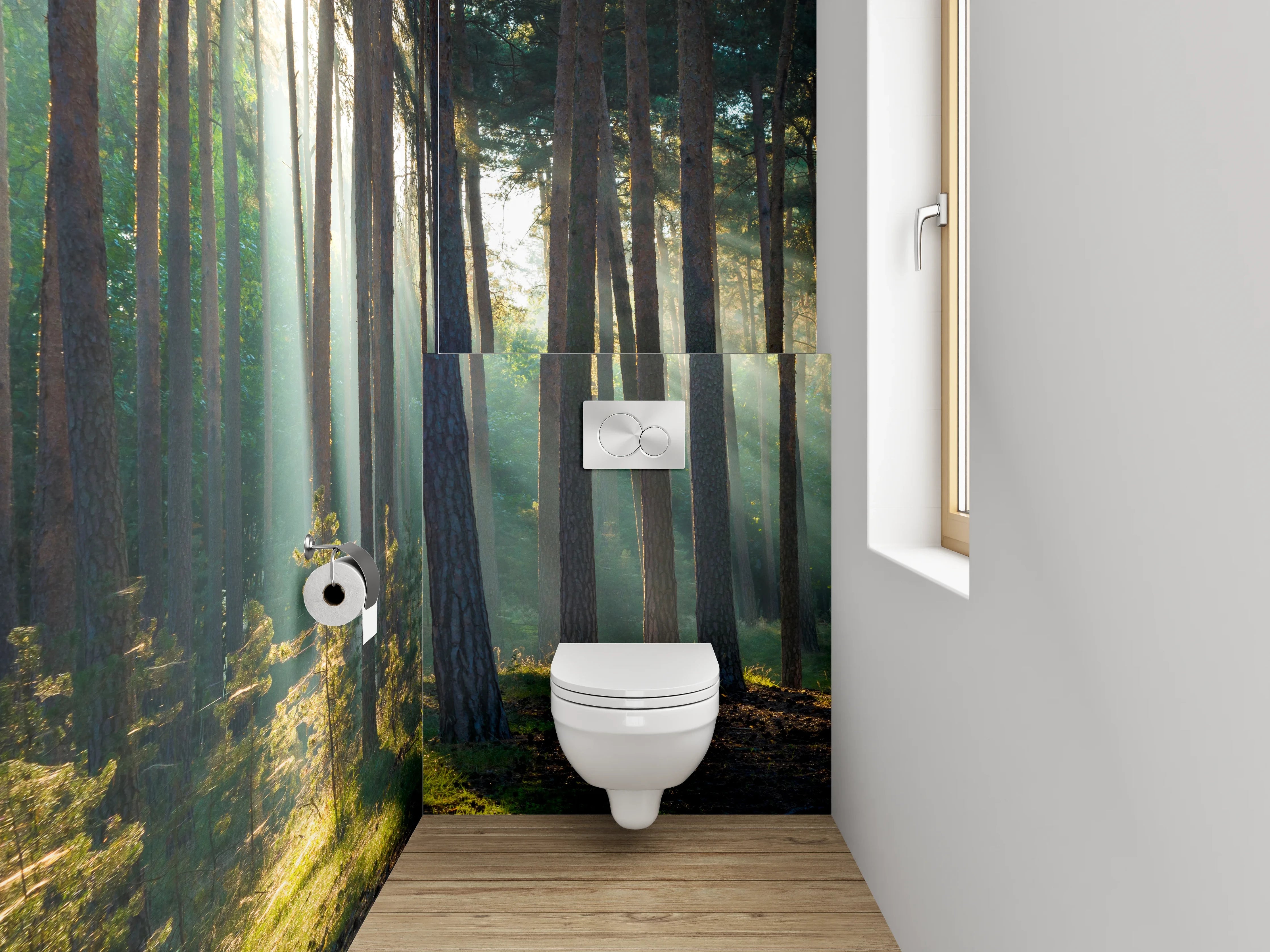 WC-Rückwand - Sonnenstrahlen im ruhigen Kiefernwald