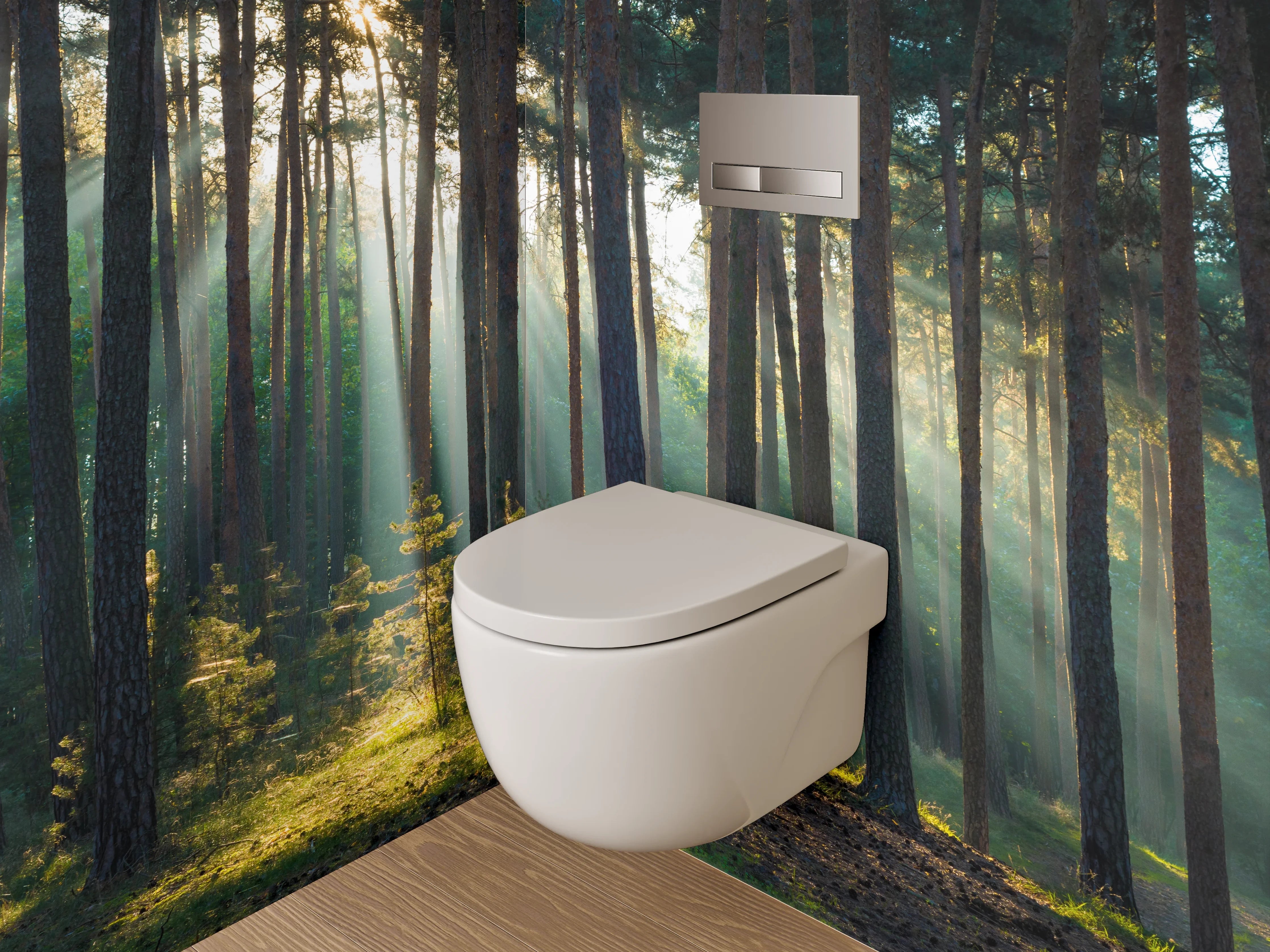 WC-Rückwand - Sonnenstrahlen im ruhigen Kiefernwald