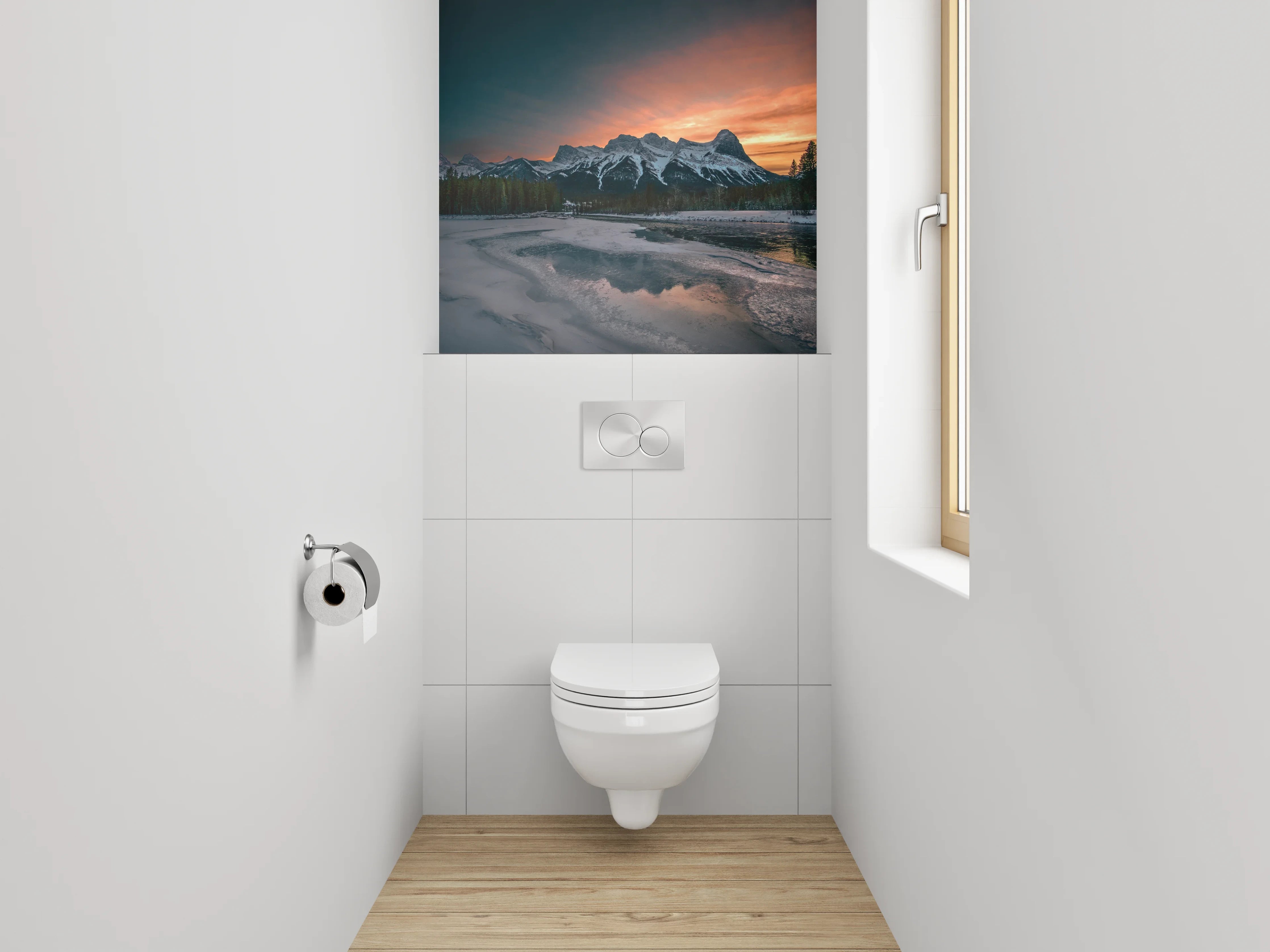 WC-Rückwand - Sonnenuntergang Bergpanorama am See
