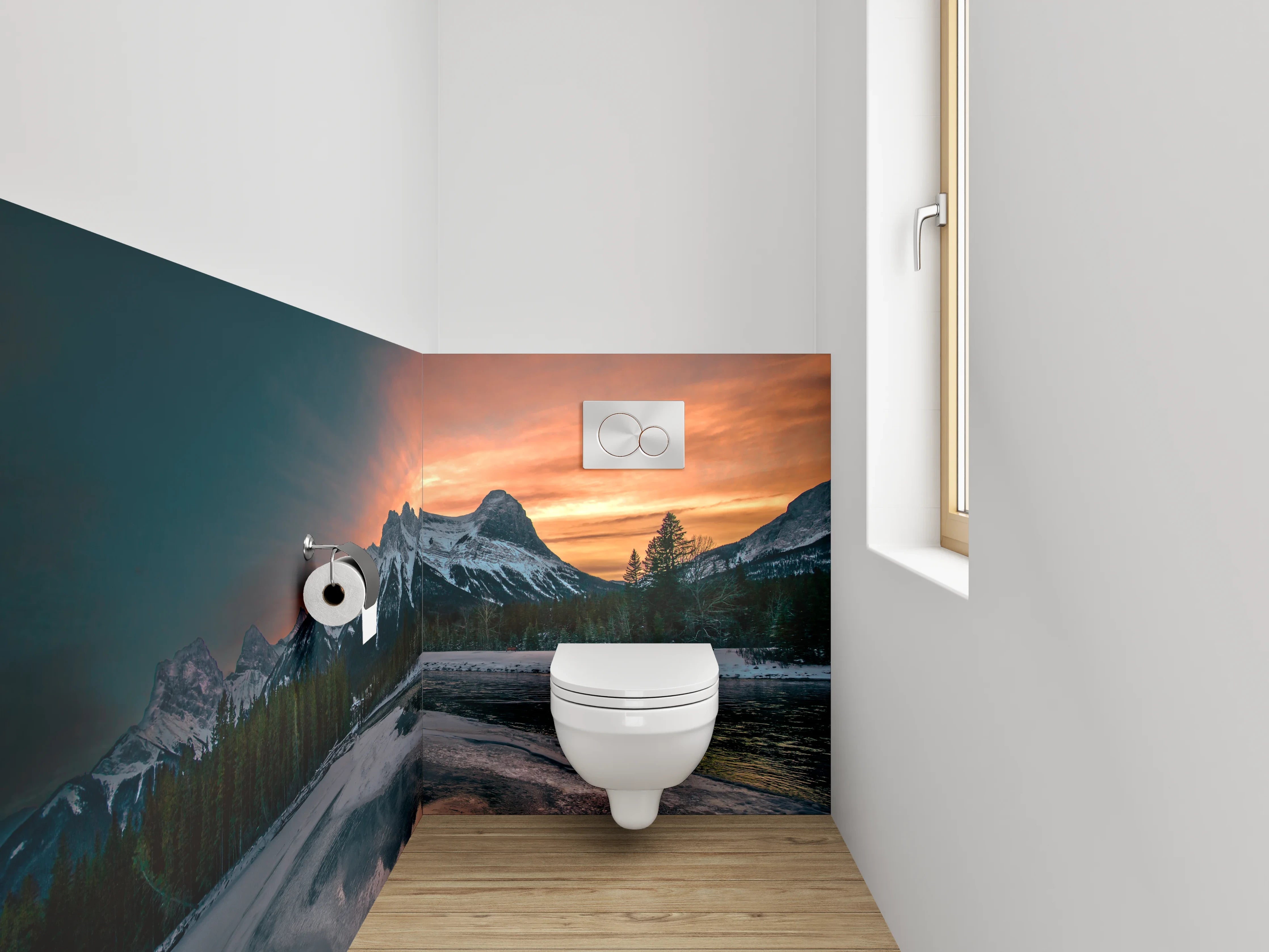 WC-Rückwand - Sonnenuntergang Bergpanorama am See