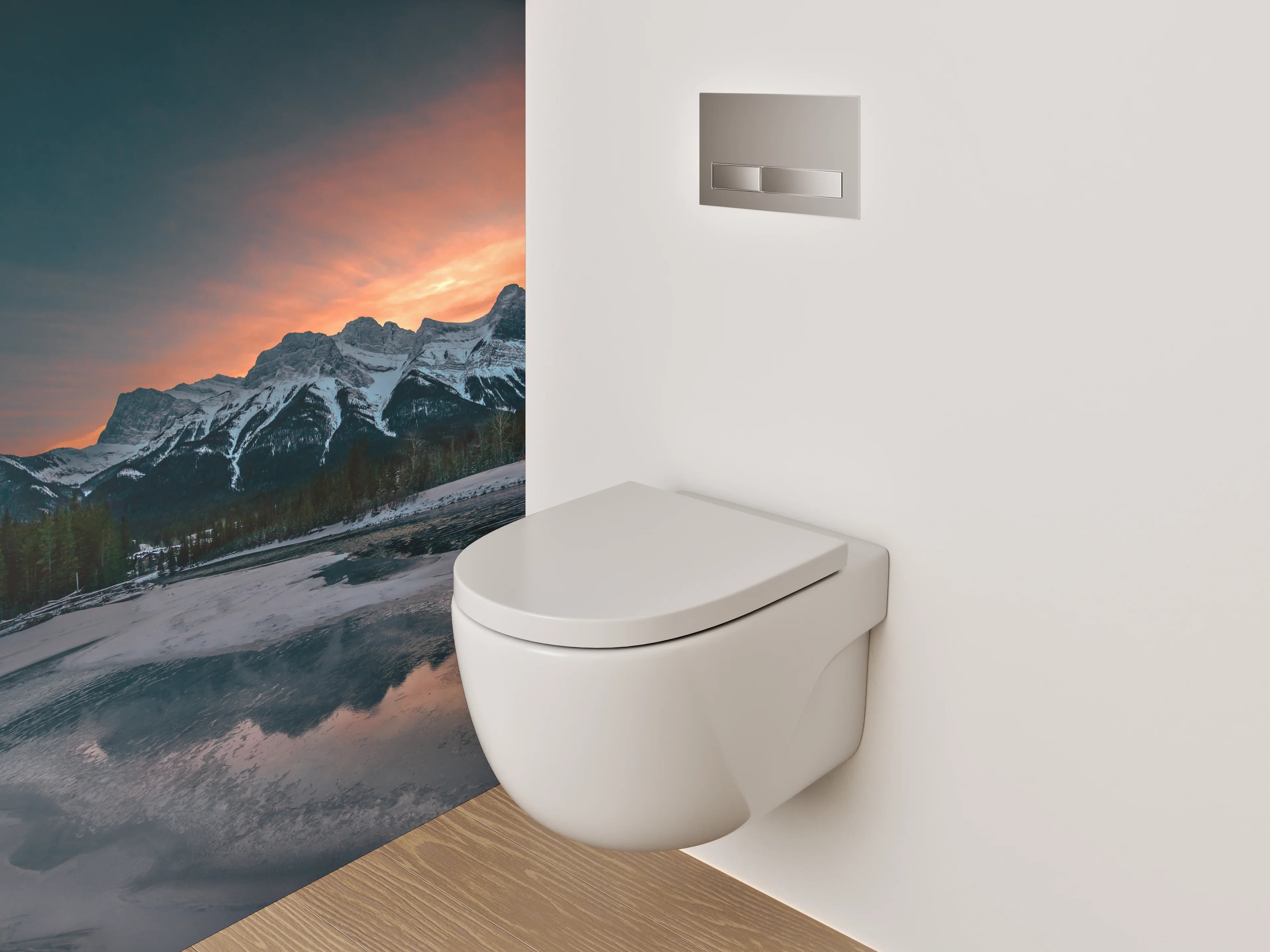 WC-Rückwand - Sonnenuntergang Bergpanorama am See