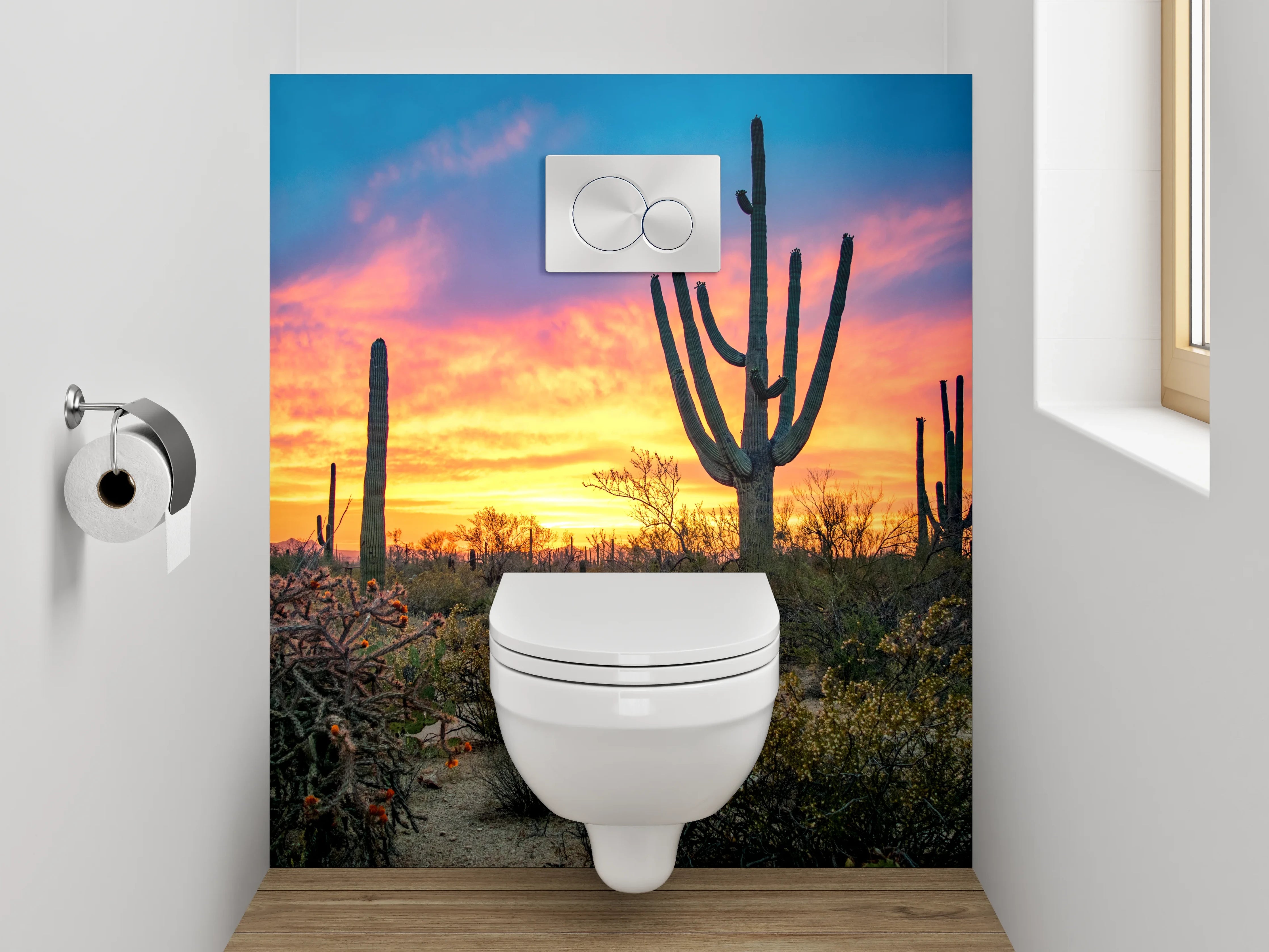 WC-Rückwand - Sonnenuntergang Wüste Kaktus Panorama
