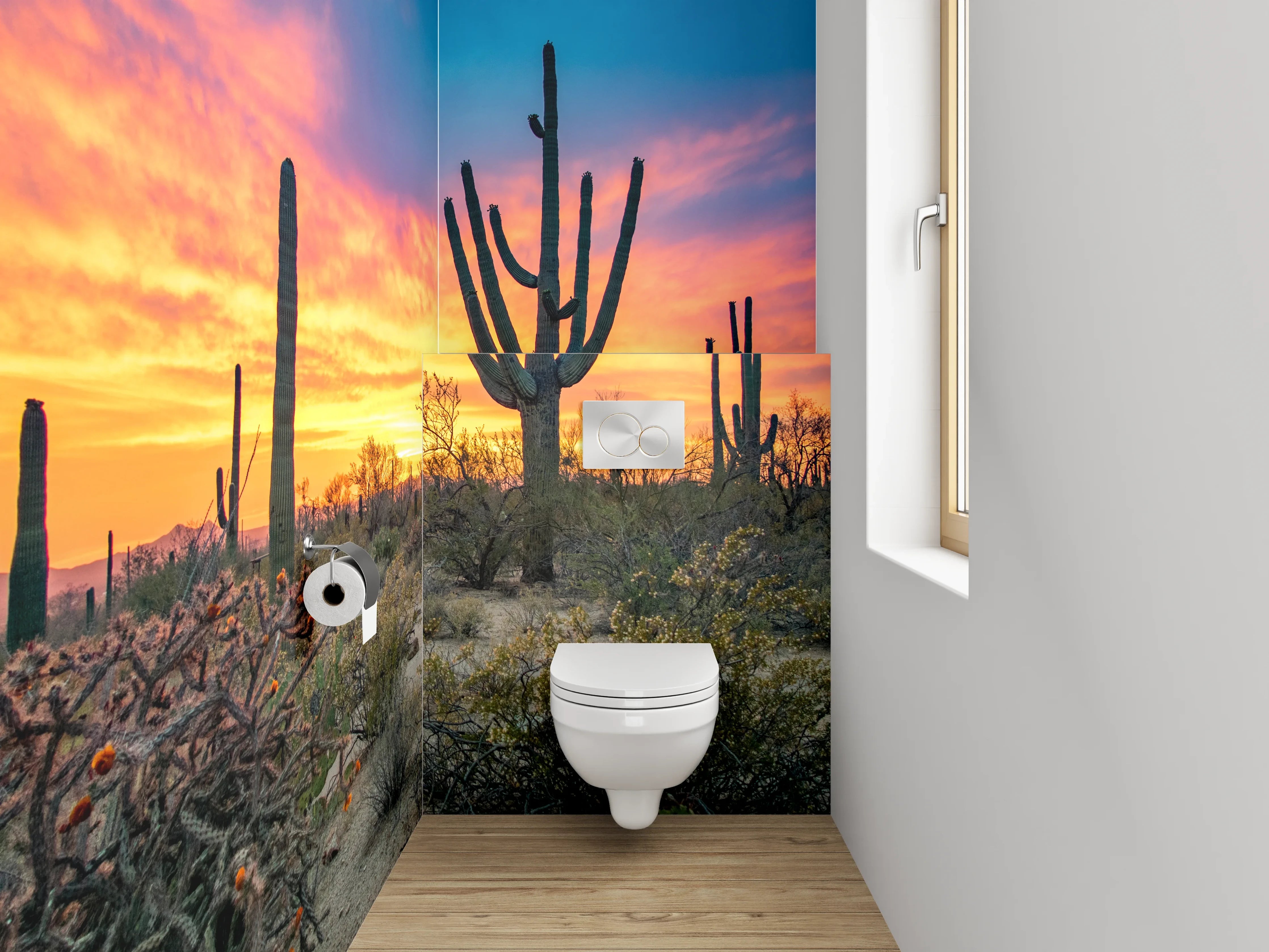 WC-Rückwand - Sonnenuntergang Wüste Kaktus Panorama