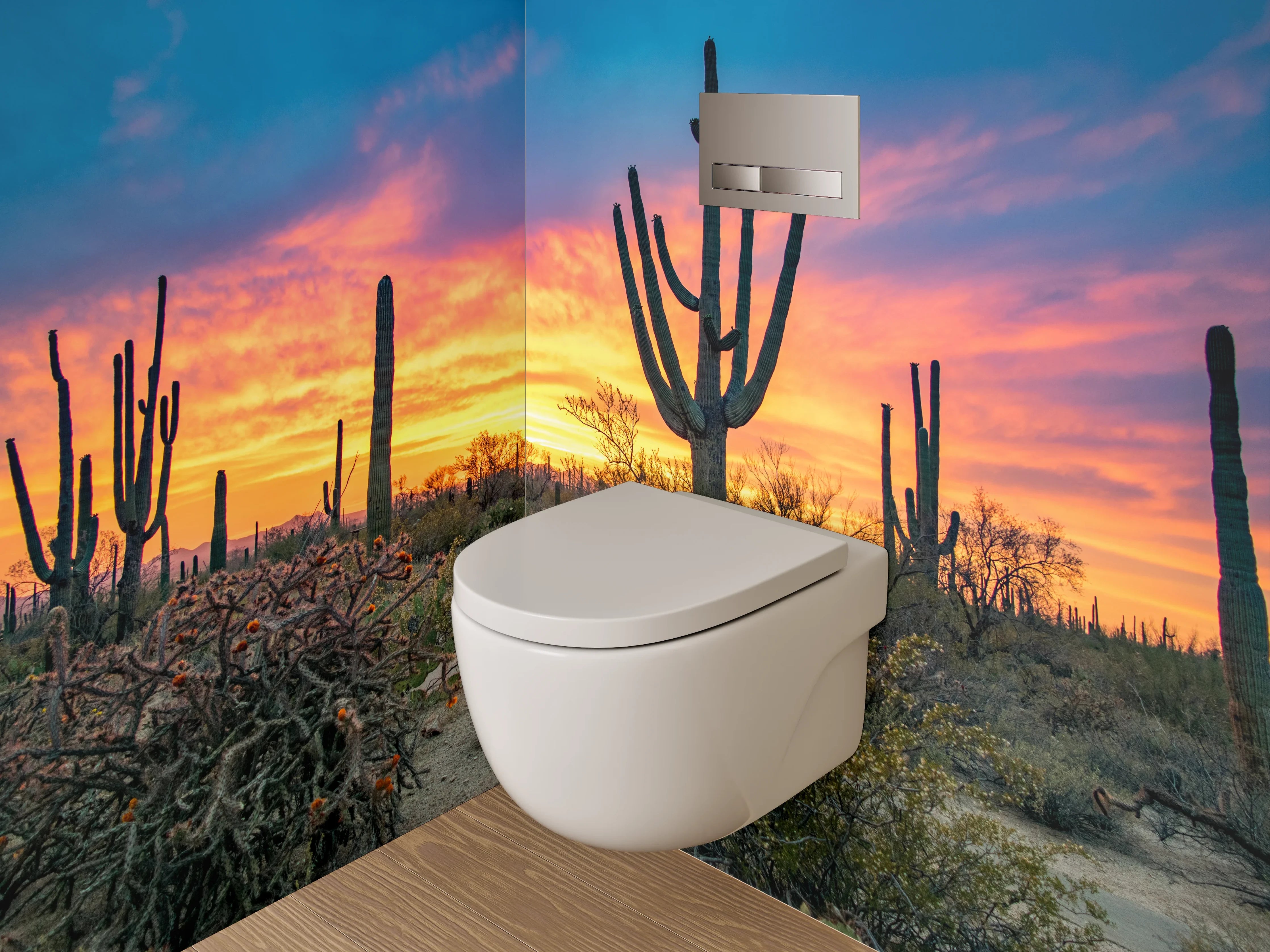 WC-Rückwand - Sonnenuntergang Wüste Kaktus Panorama