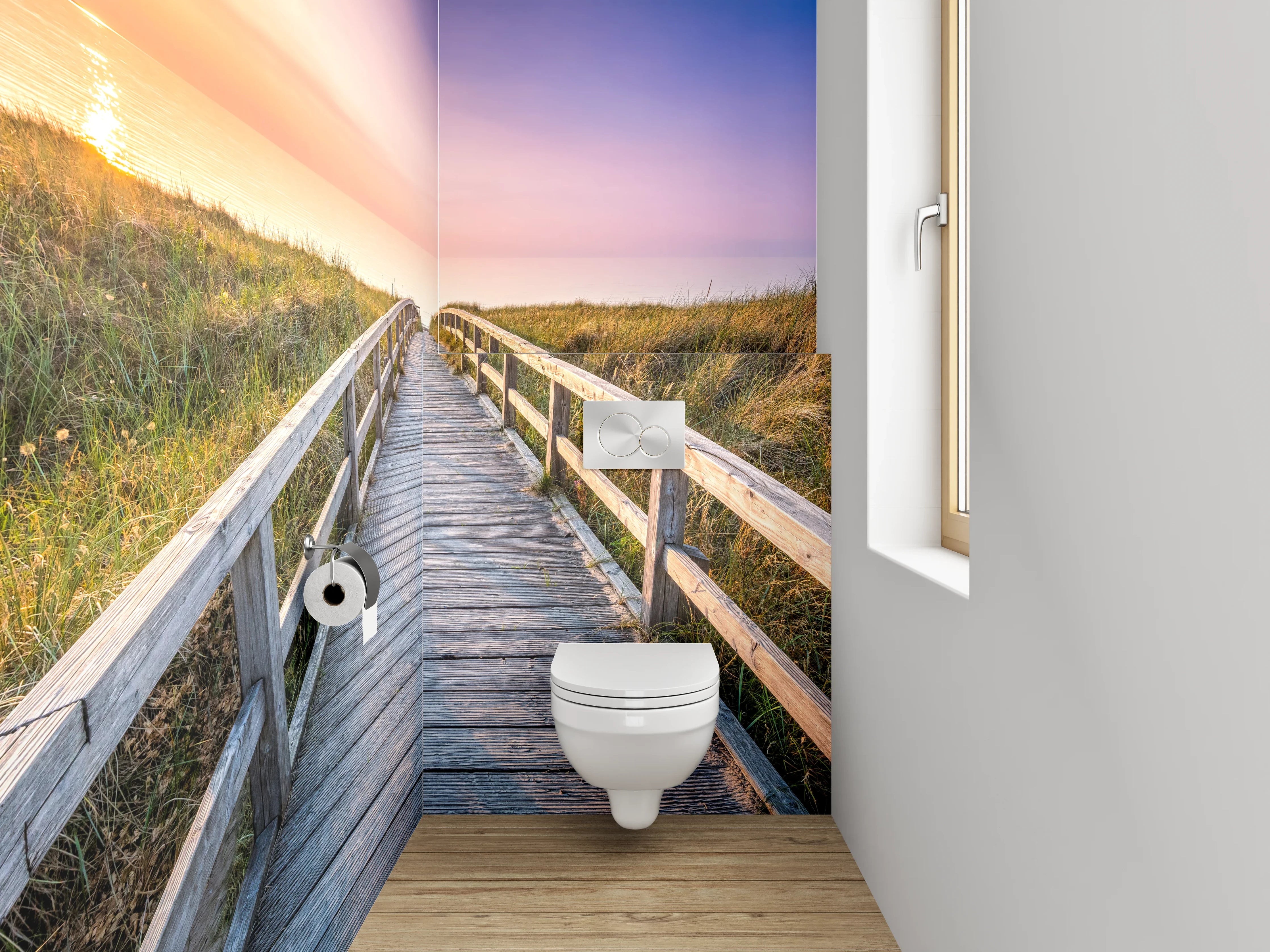 WC-Rückwand - Sonnenuntergang am Dünensteg