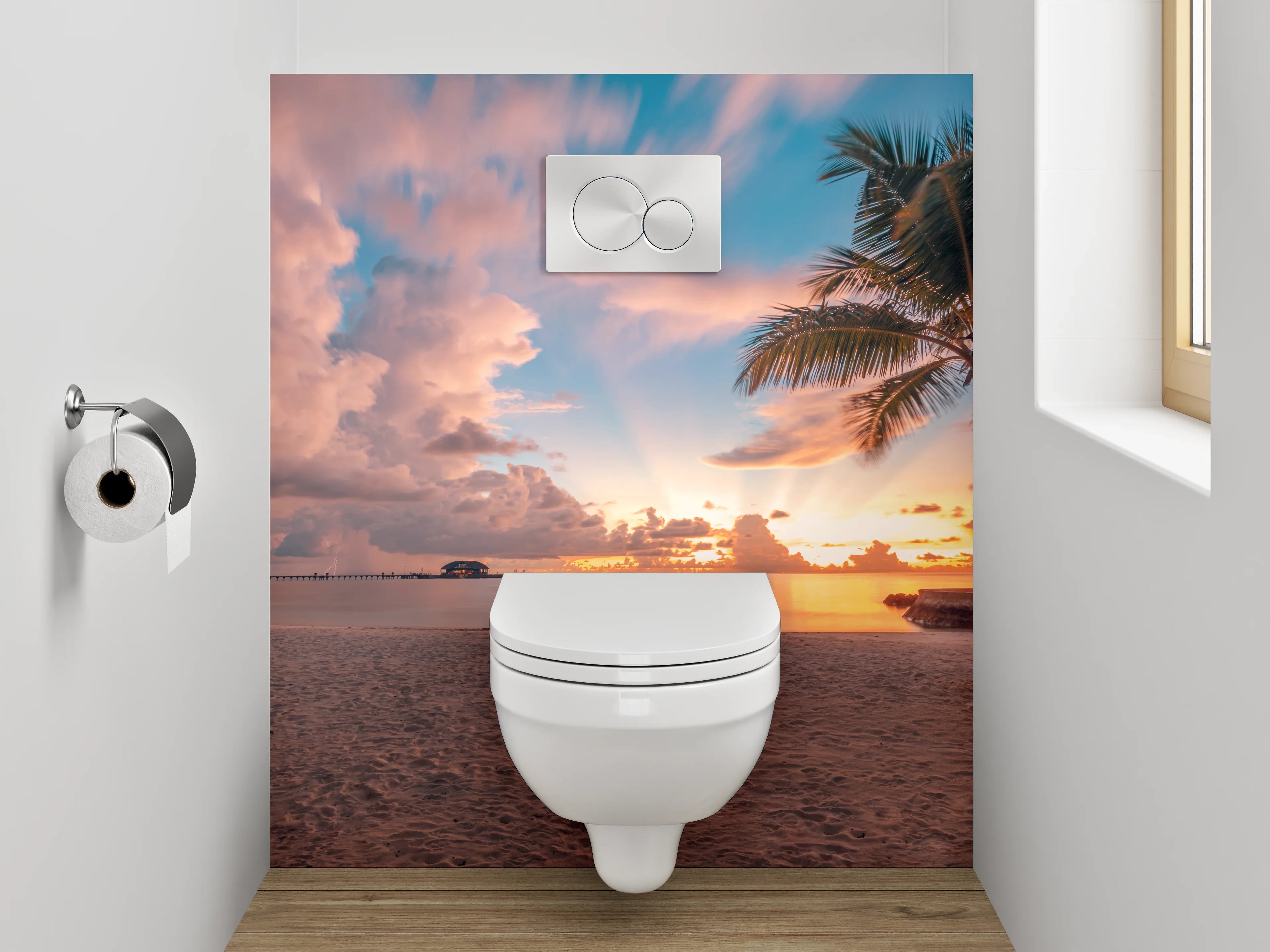 WC-Rückwand - Sonnenuntergang am Palmenstrand Panorama