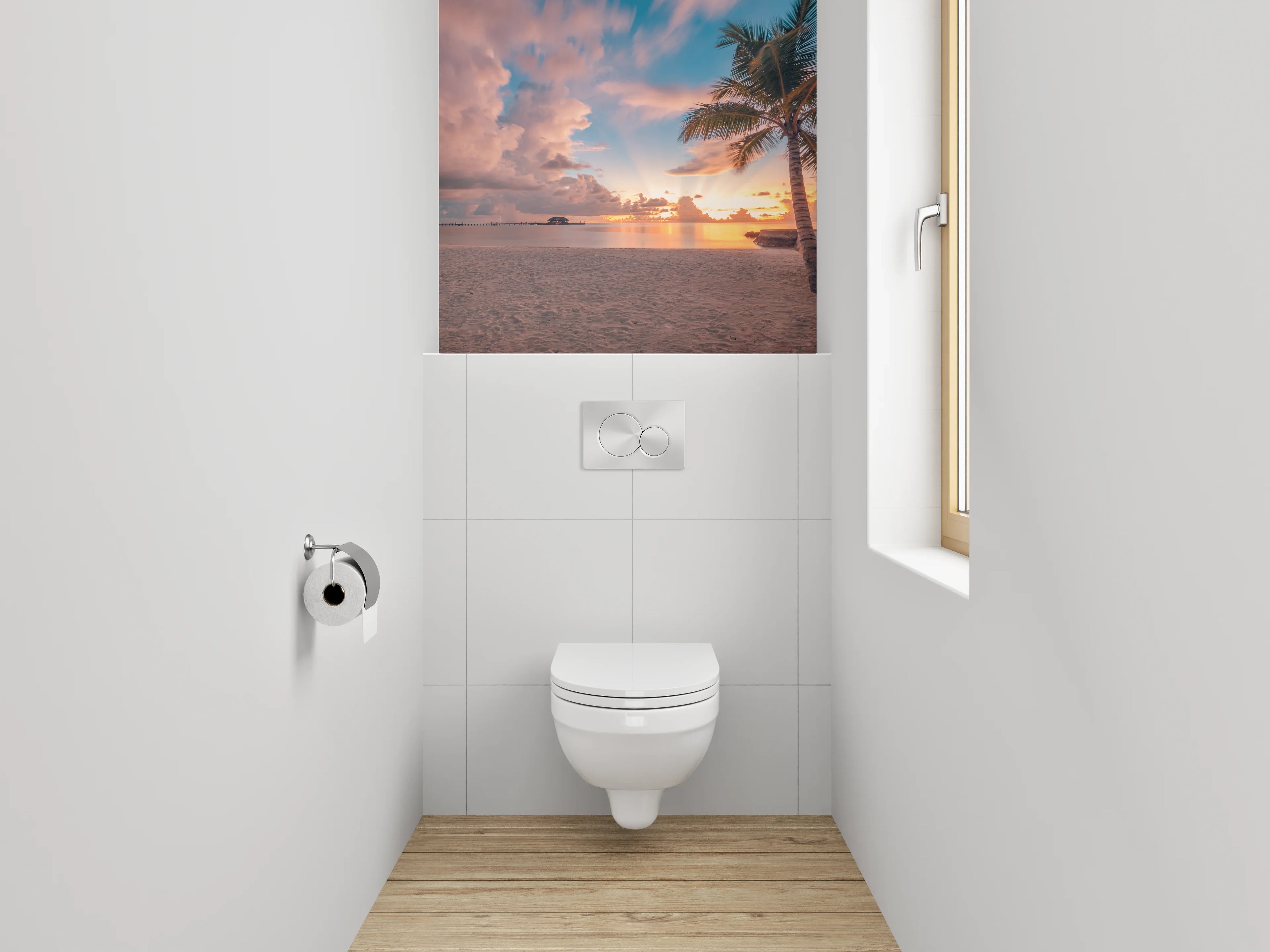 WC-Rückwand - Sonnenuntergang am Palmenstrand Panorama