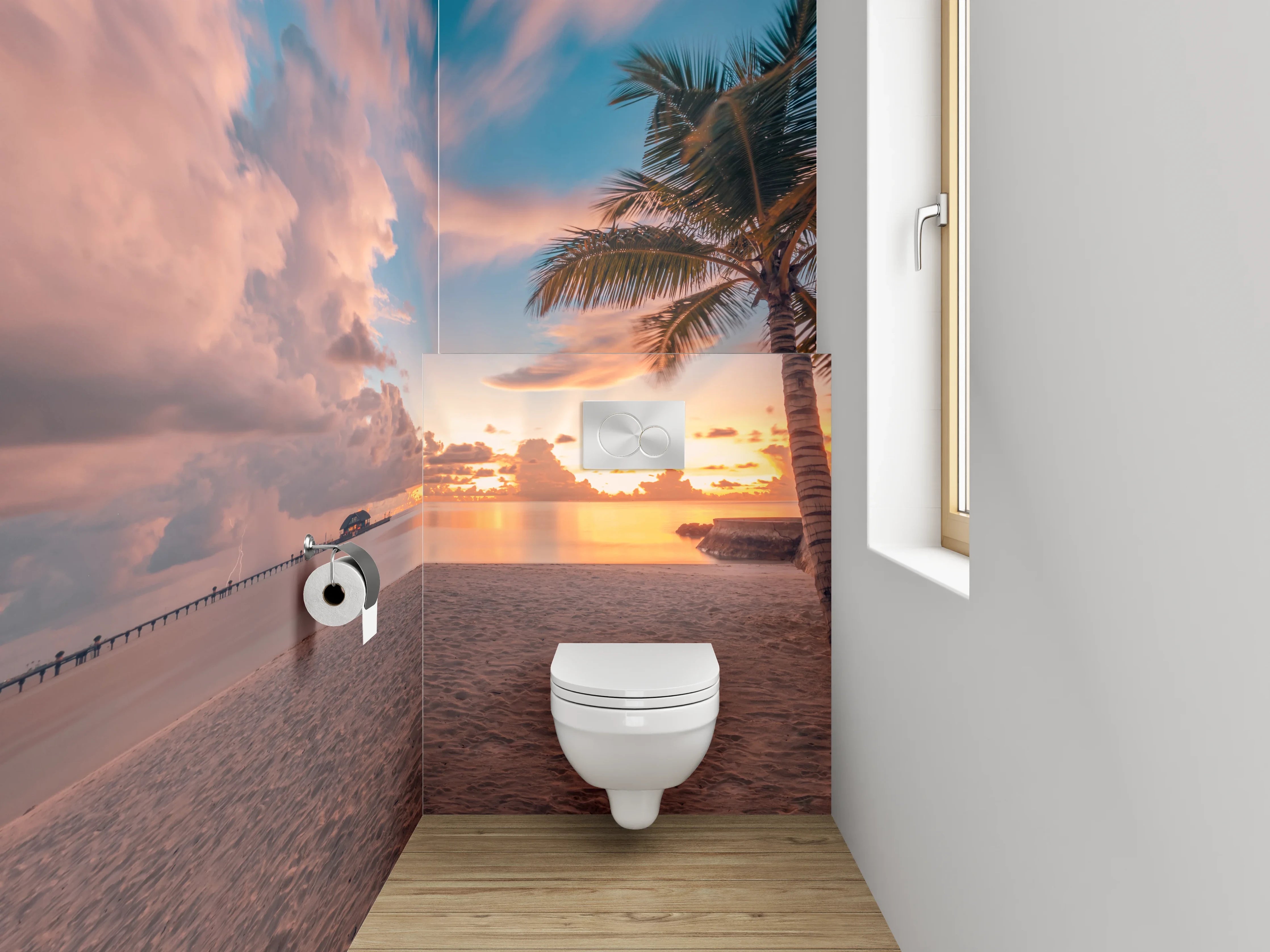 WC-Rückwand - Sonnenuntergang am Palmenstrand Panorama