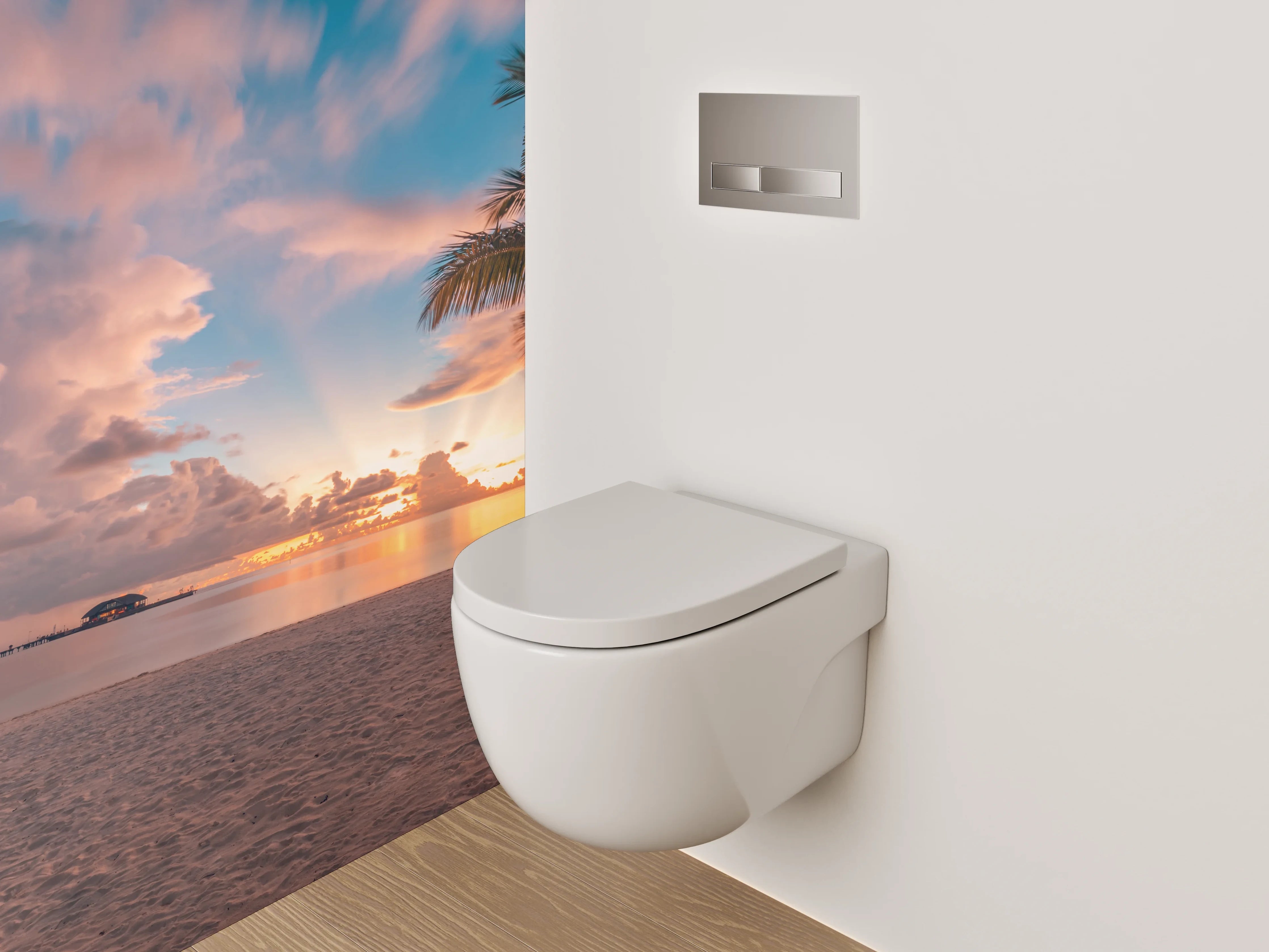 WC-Rückwand - Sonnenuntergang am Palmenstrand Panorama