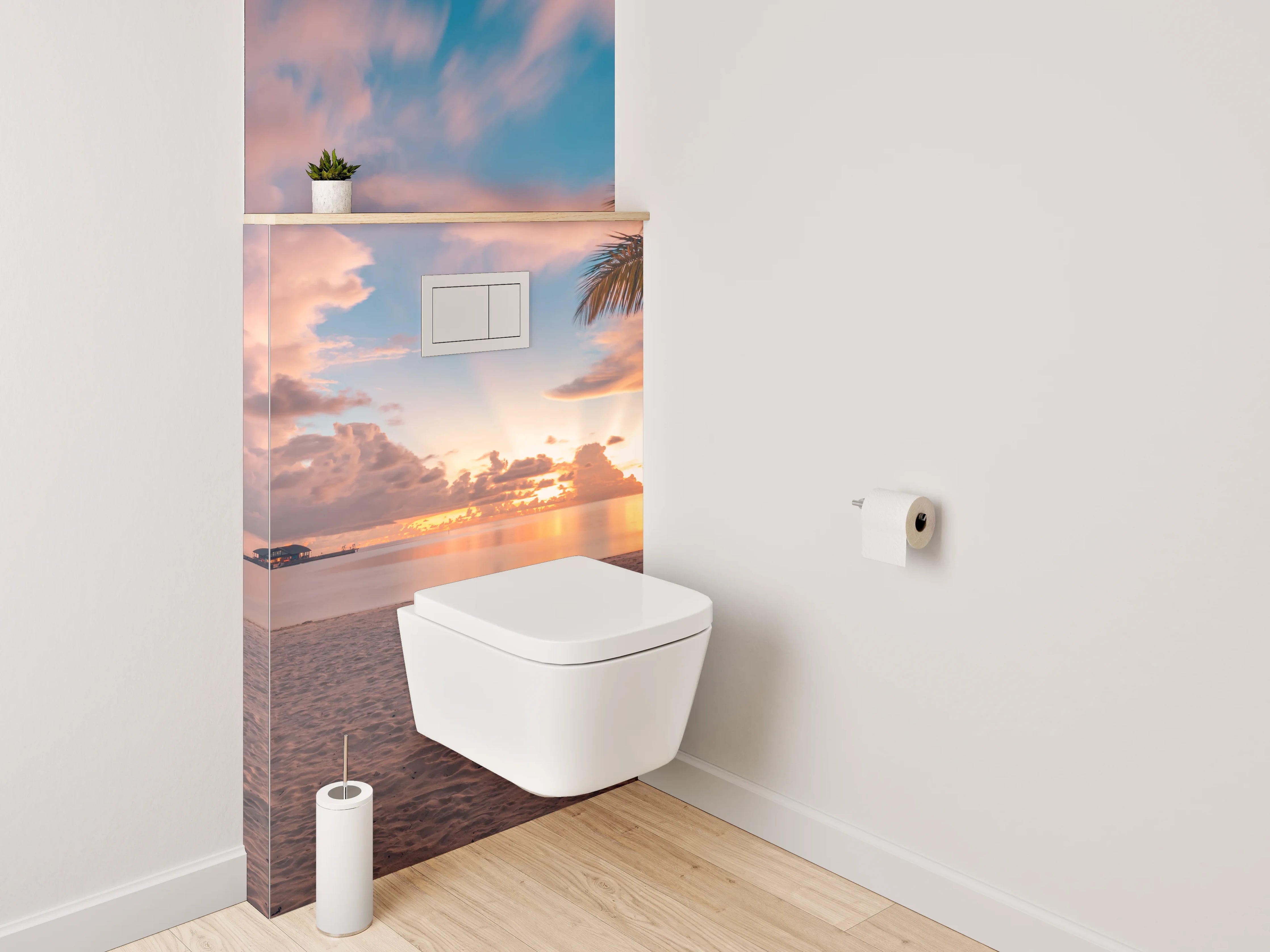WC-Rückwand - Sonnenuntergang am Palmenstrand Panorama