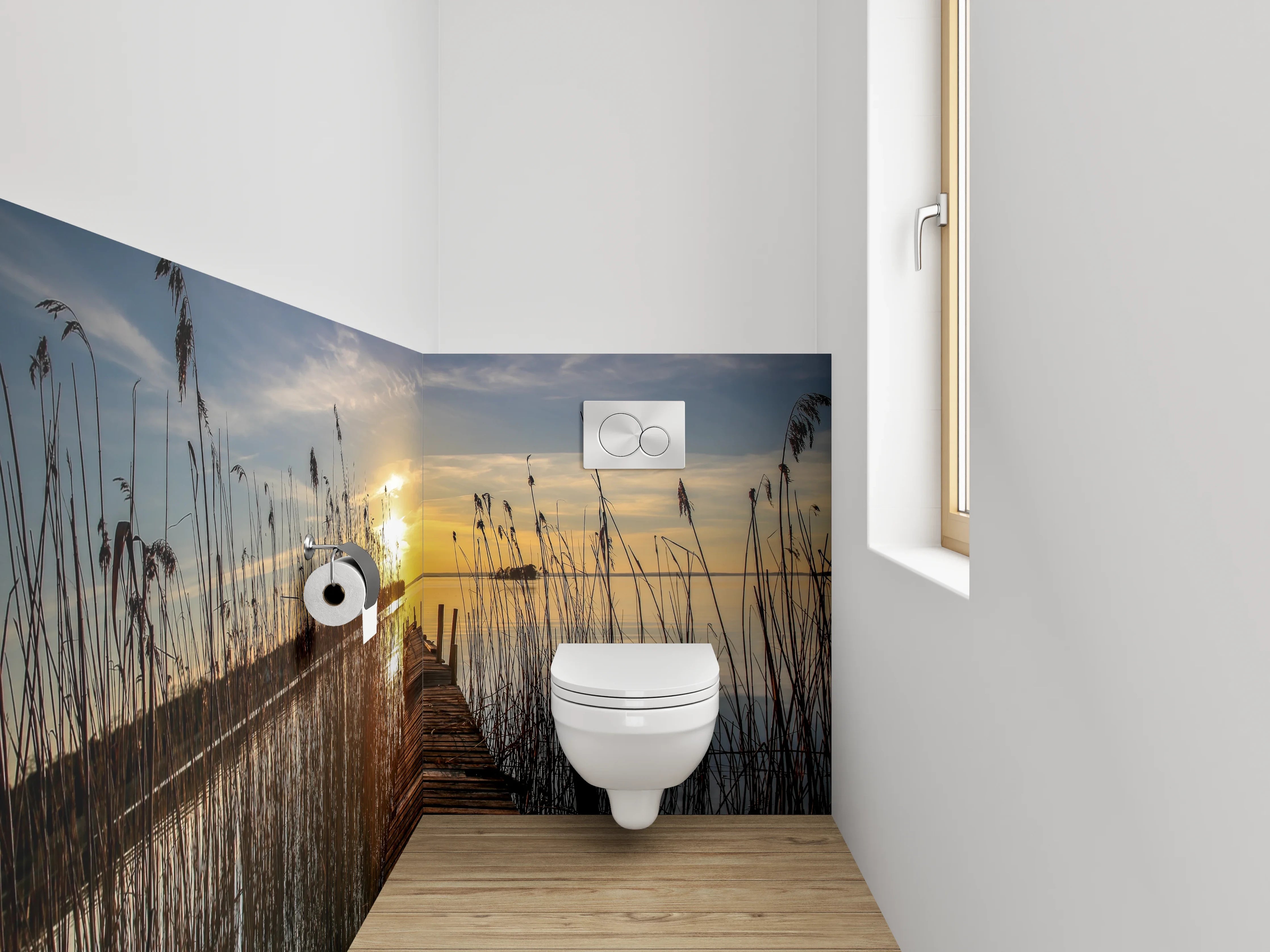 WC-Rückwand - Sonnenuntergang am See mit Holzsteg