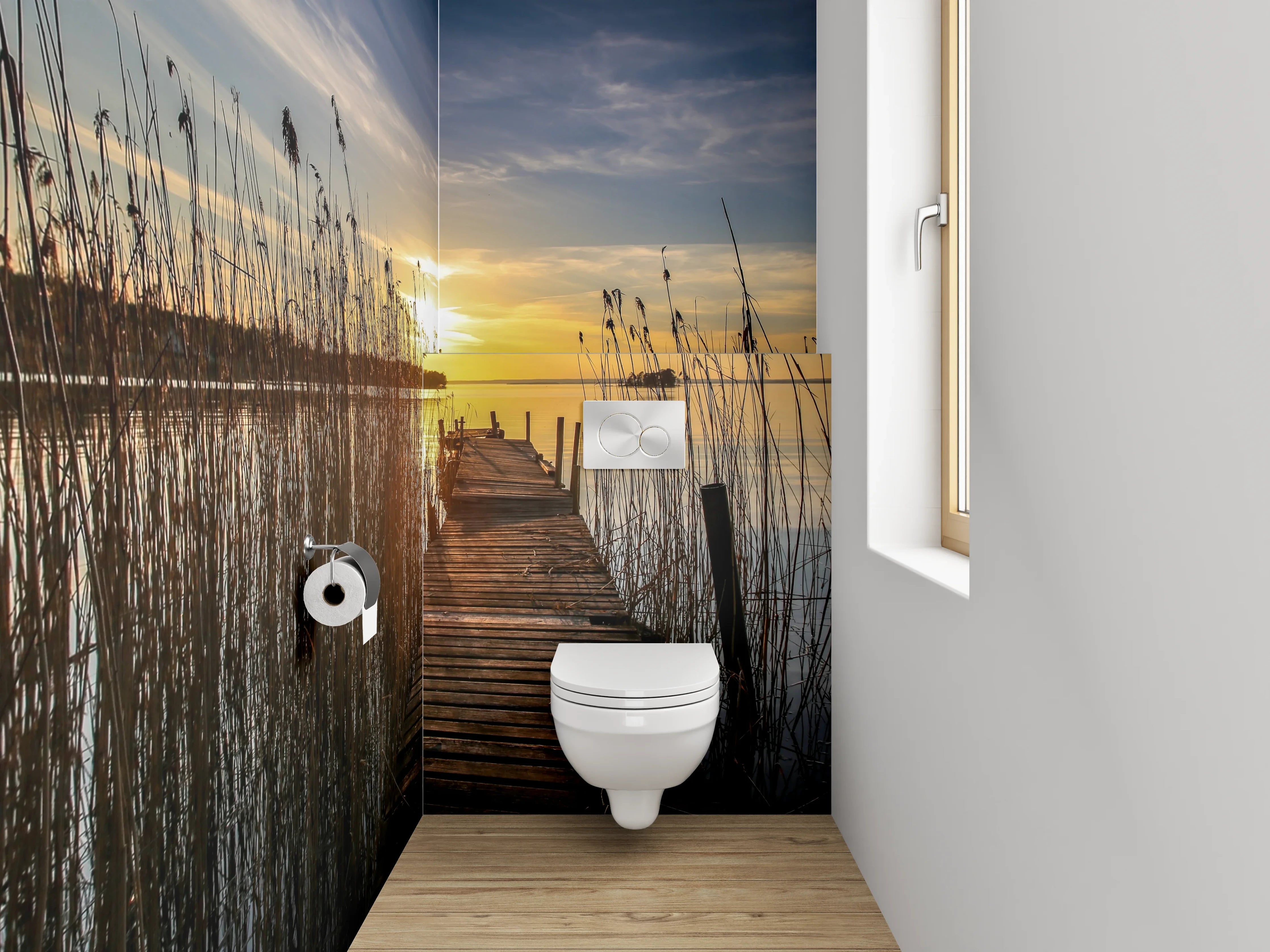 WC-Rückwand - Sonnenuntergang am See mit Holzsteg