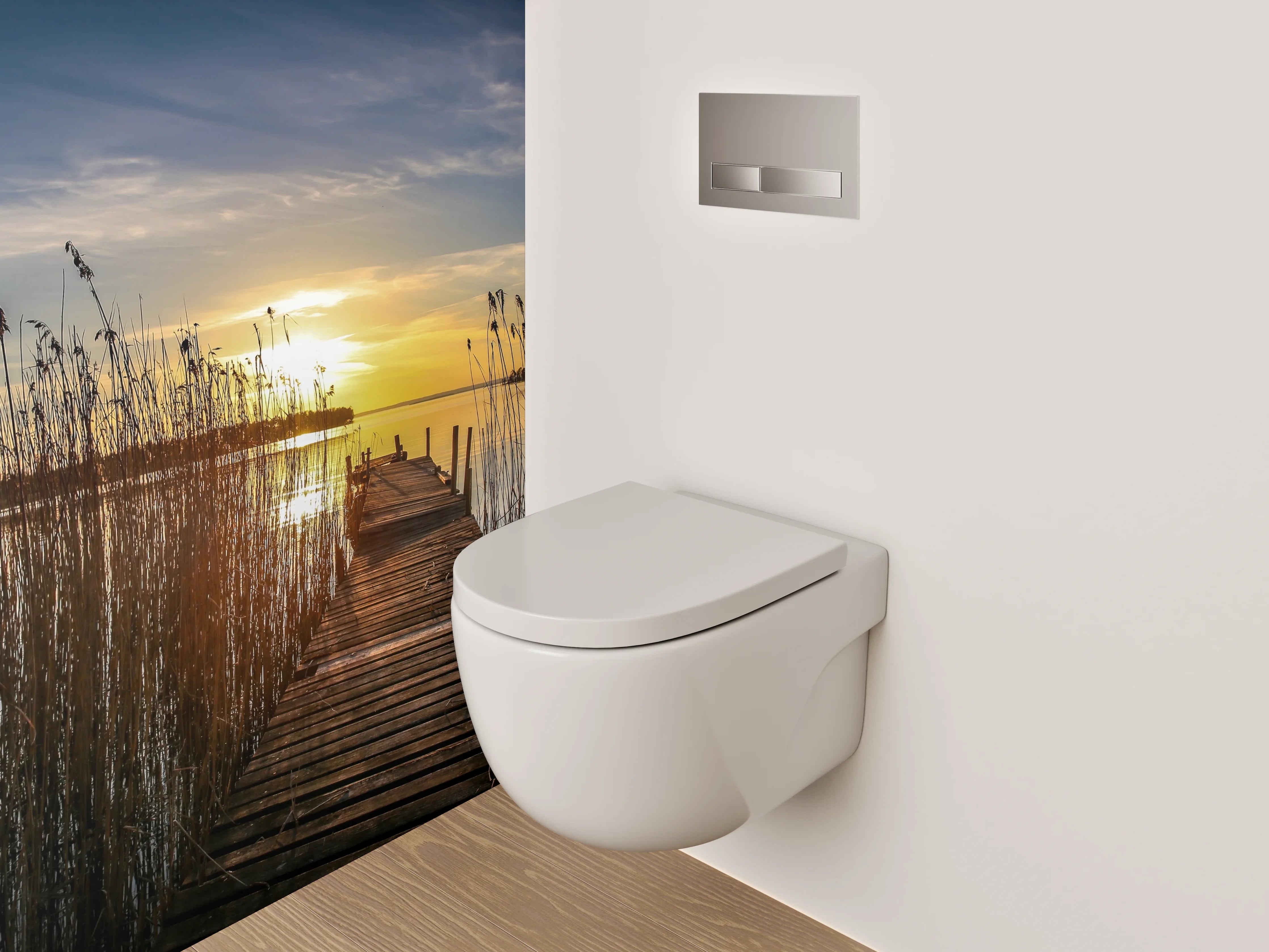 WC-Rückwand - Sonnenuntergang am See mit Holzsteg
