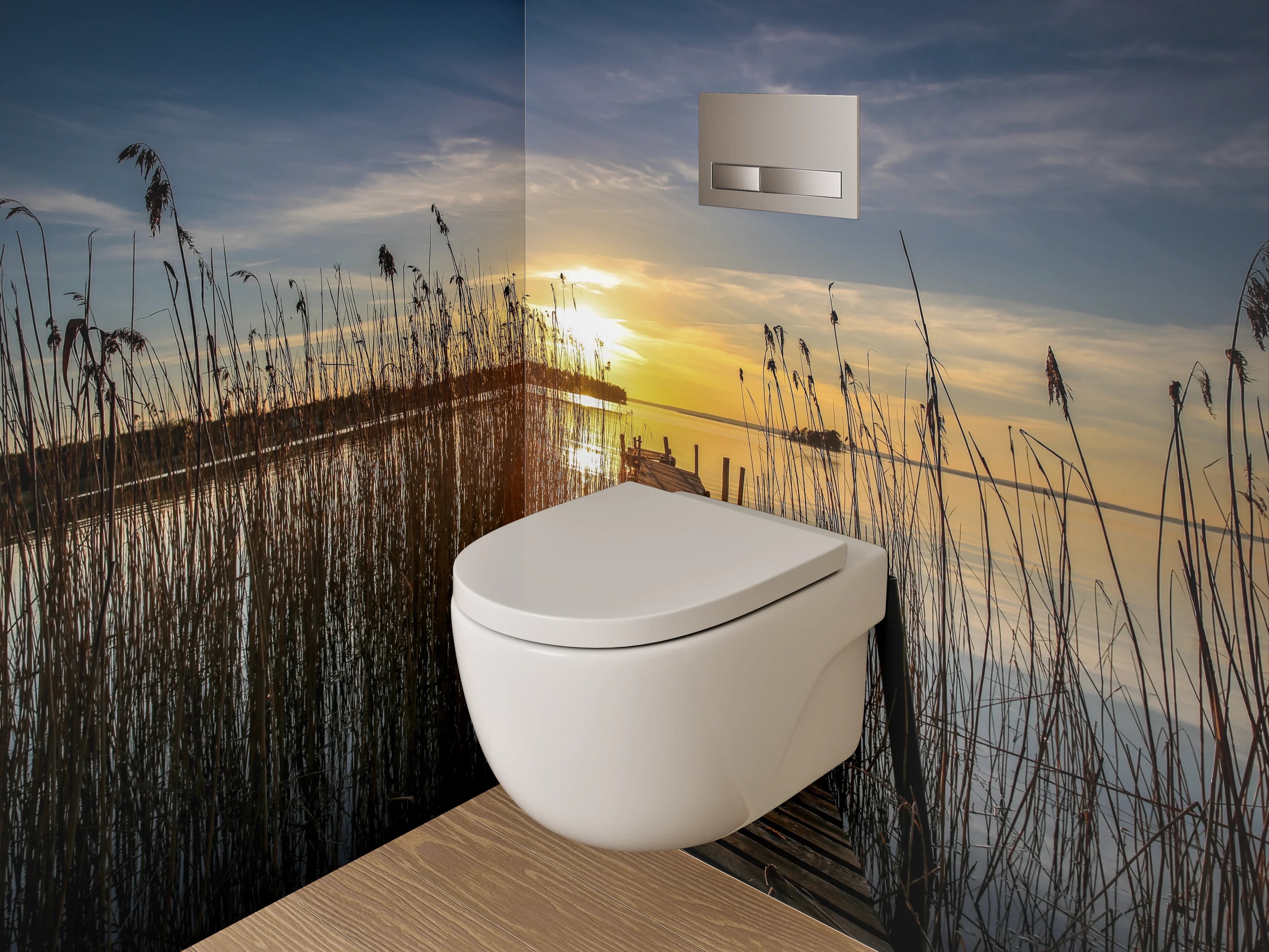 WC-Rückwand - Sonnenuntergang am See mit Holzsteg