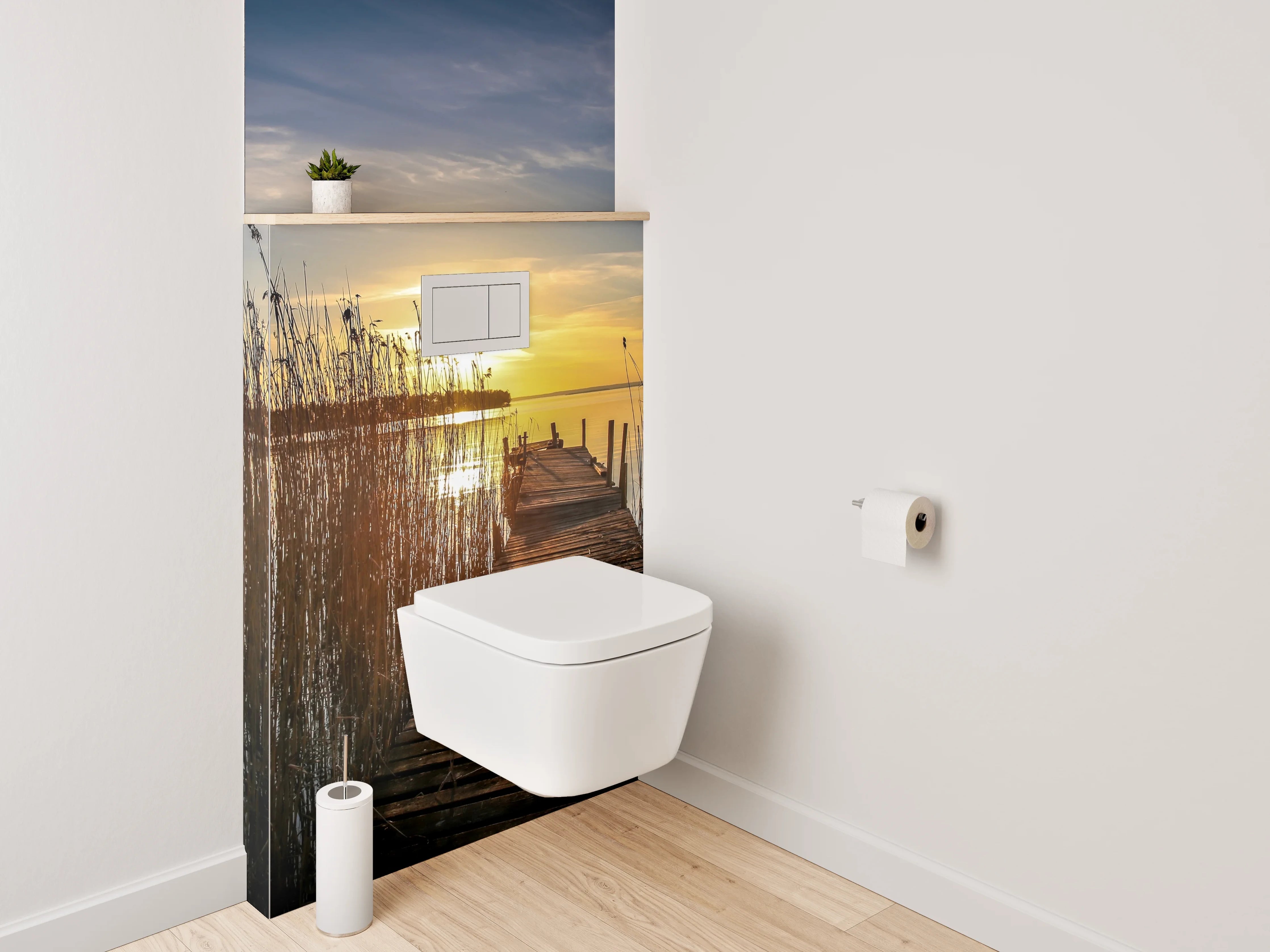 WC-Rückwand - Sonnenuntergang am See mit Holzsteg
