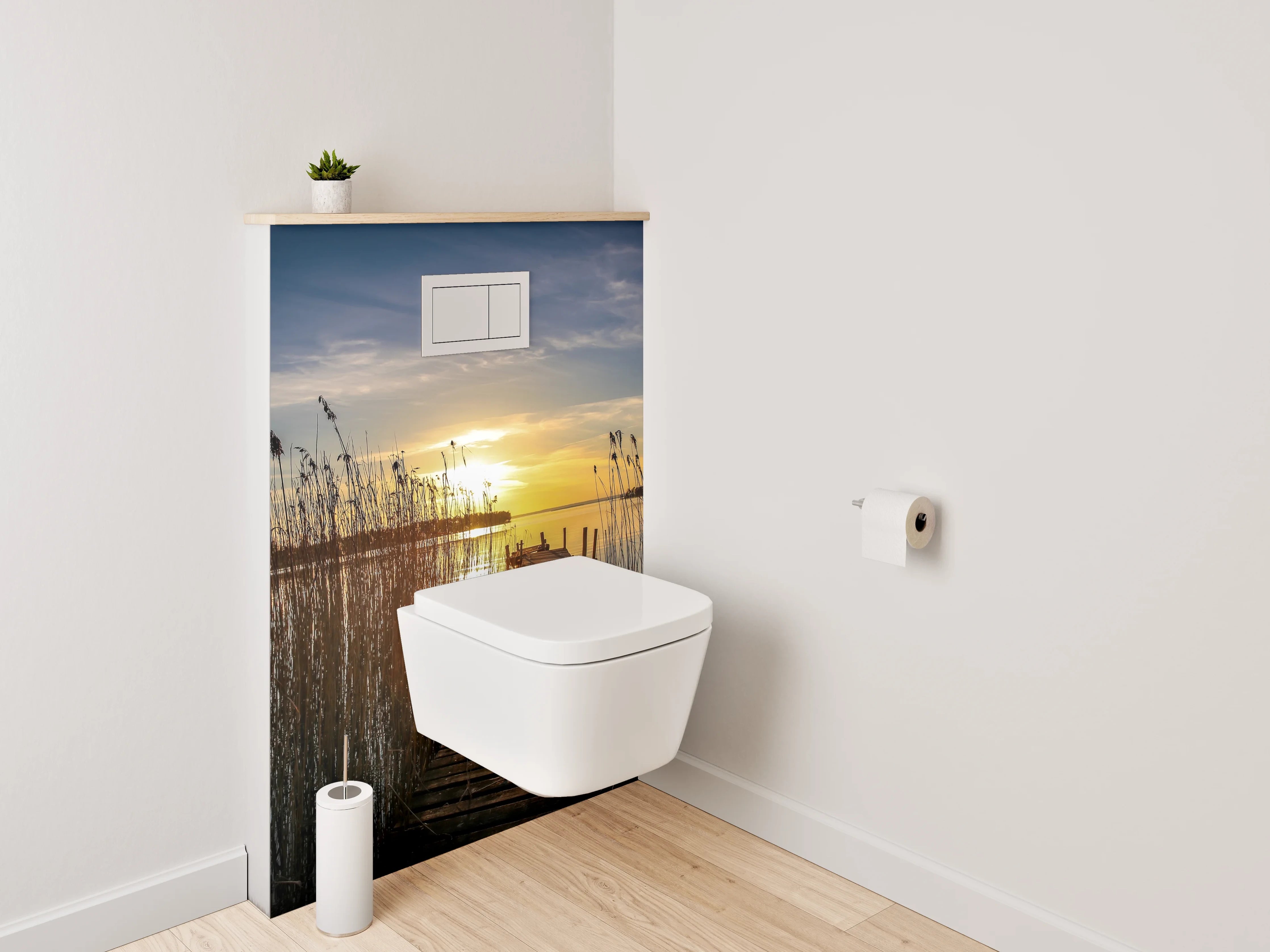 WC-Rückwand - Sonnenuntergang am See mit Holzsteg