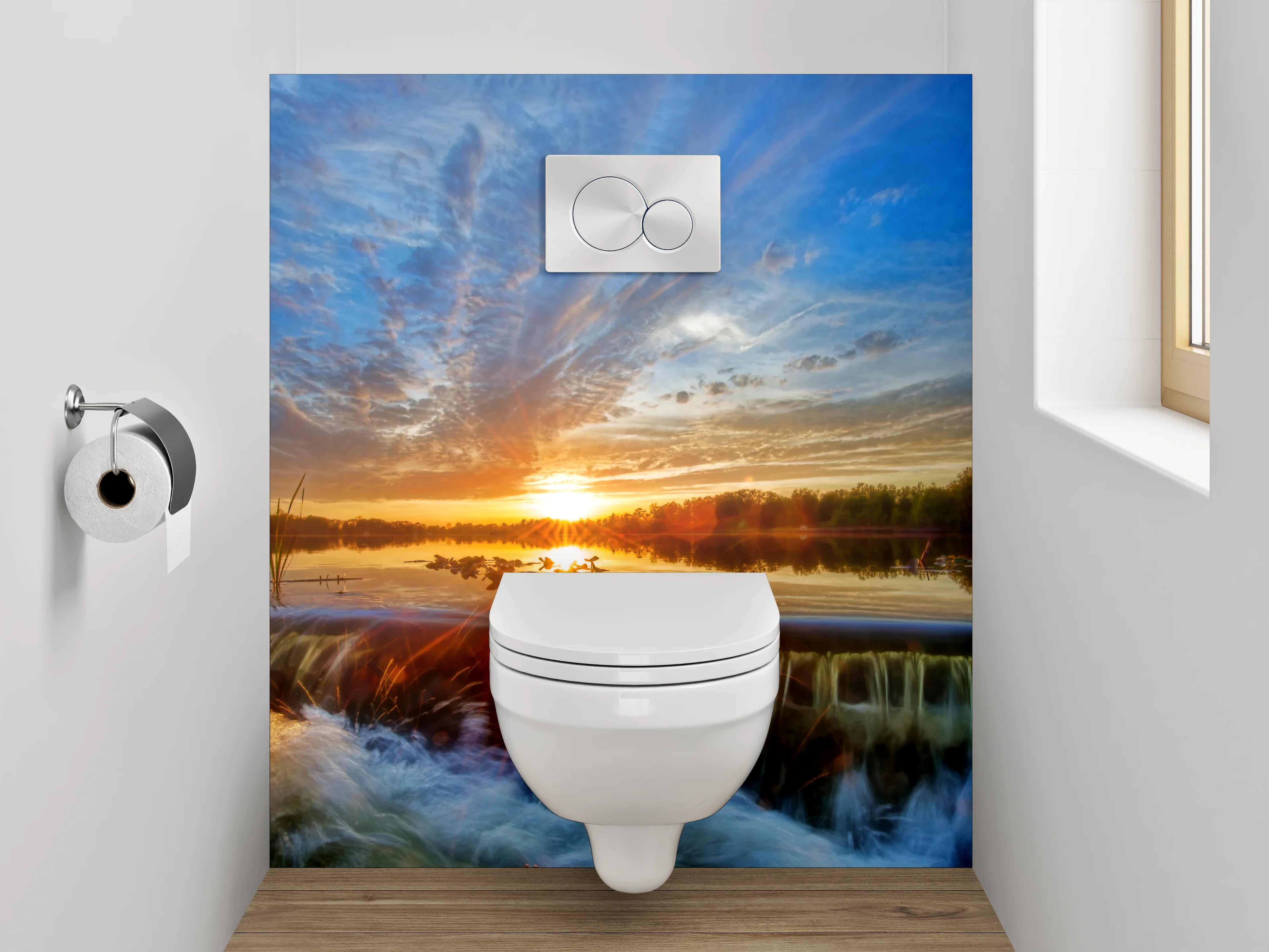 WC-Rückwand - Sonnenuntergang am See mit Wasserfall