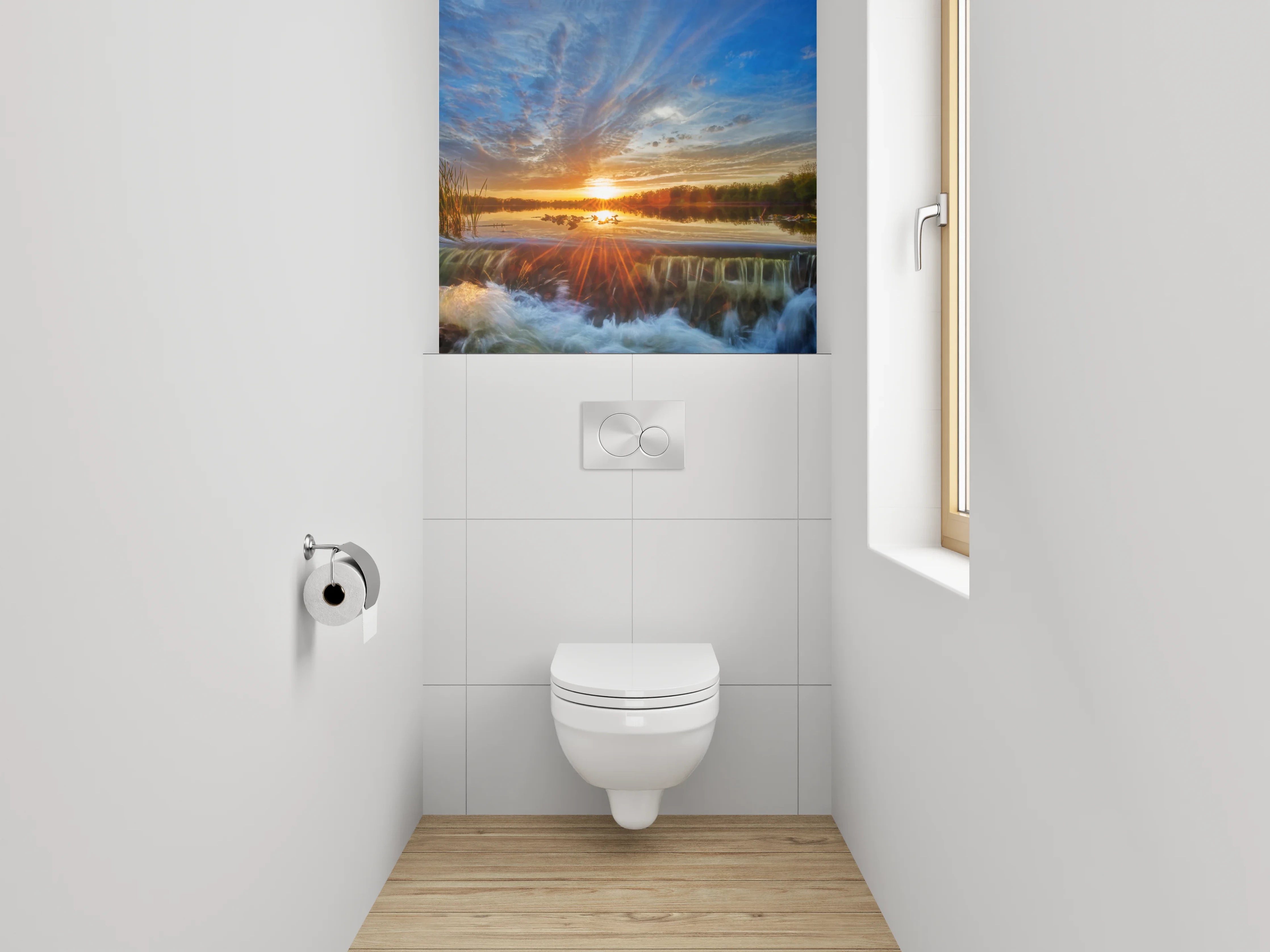 WC-Rückwand - Sonnenuntergang am See mit Wasserfall