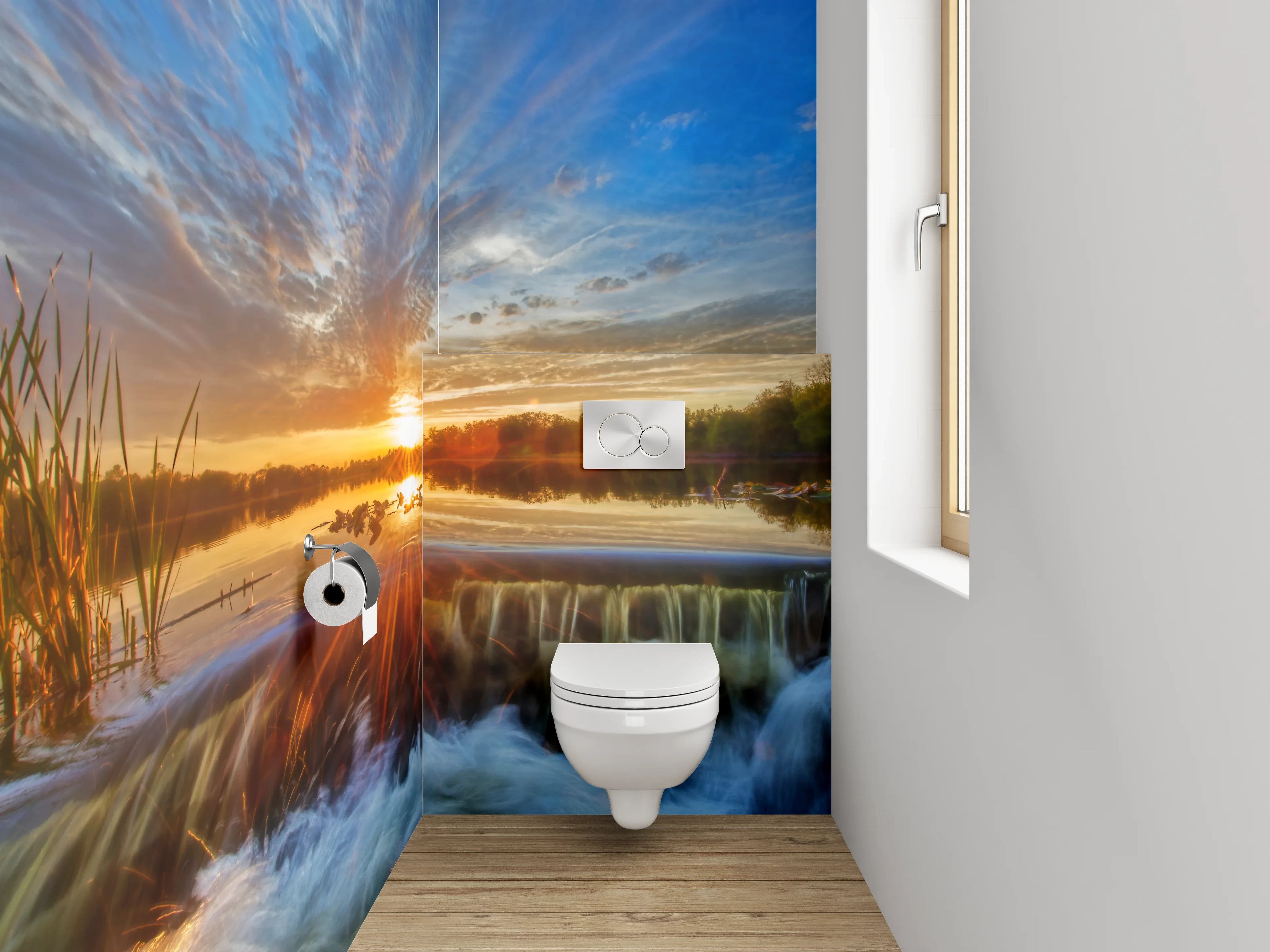 WC-Rückwand - Sonnenuntergang am See mit Wasserfall