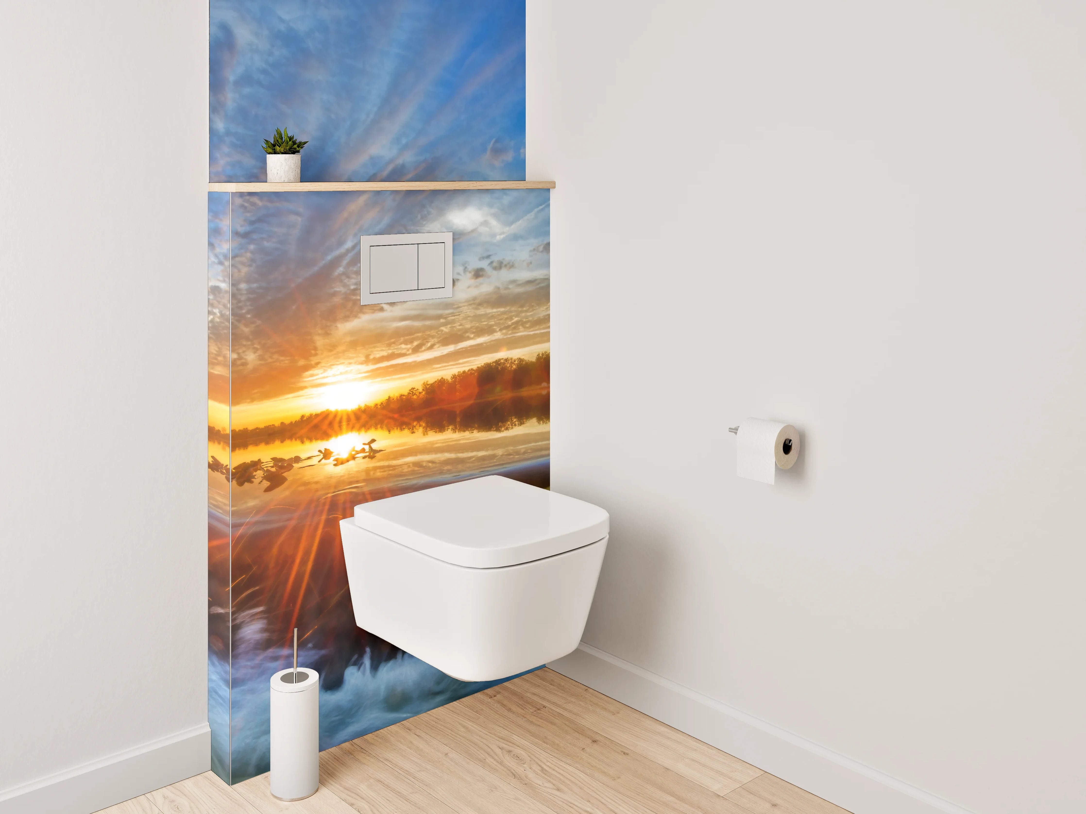 WC-Rückwand - Sonnenuntergang am See mit Wasserfall