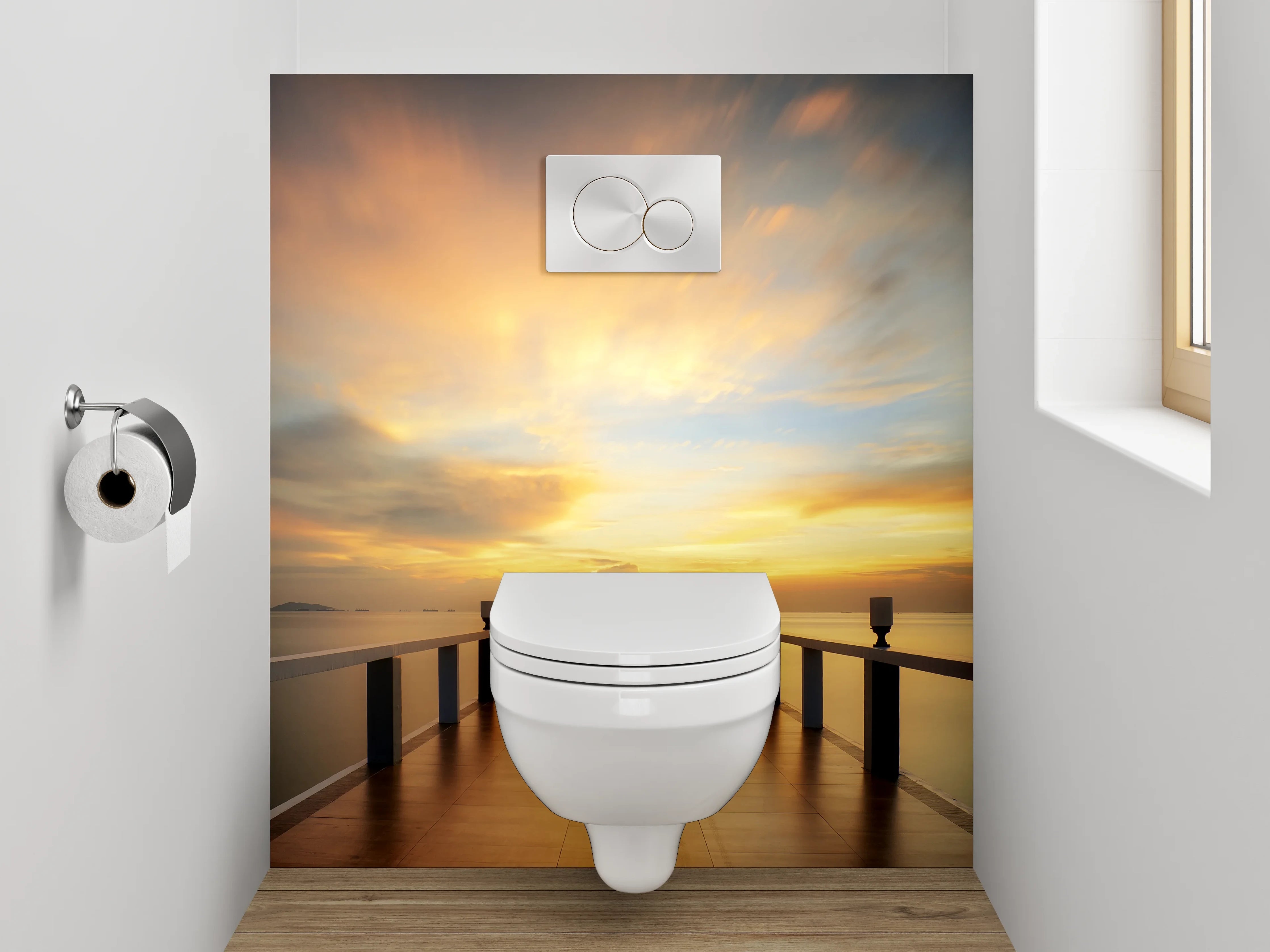 WC-Rückwand - Sonnenuntergang am Steg – Panorama