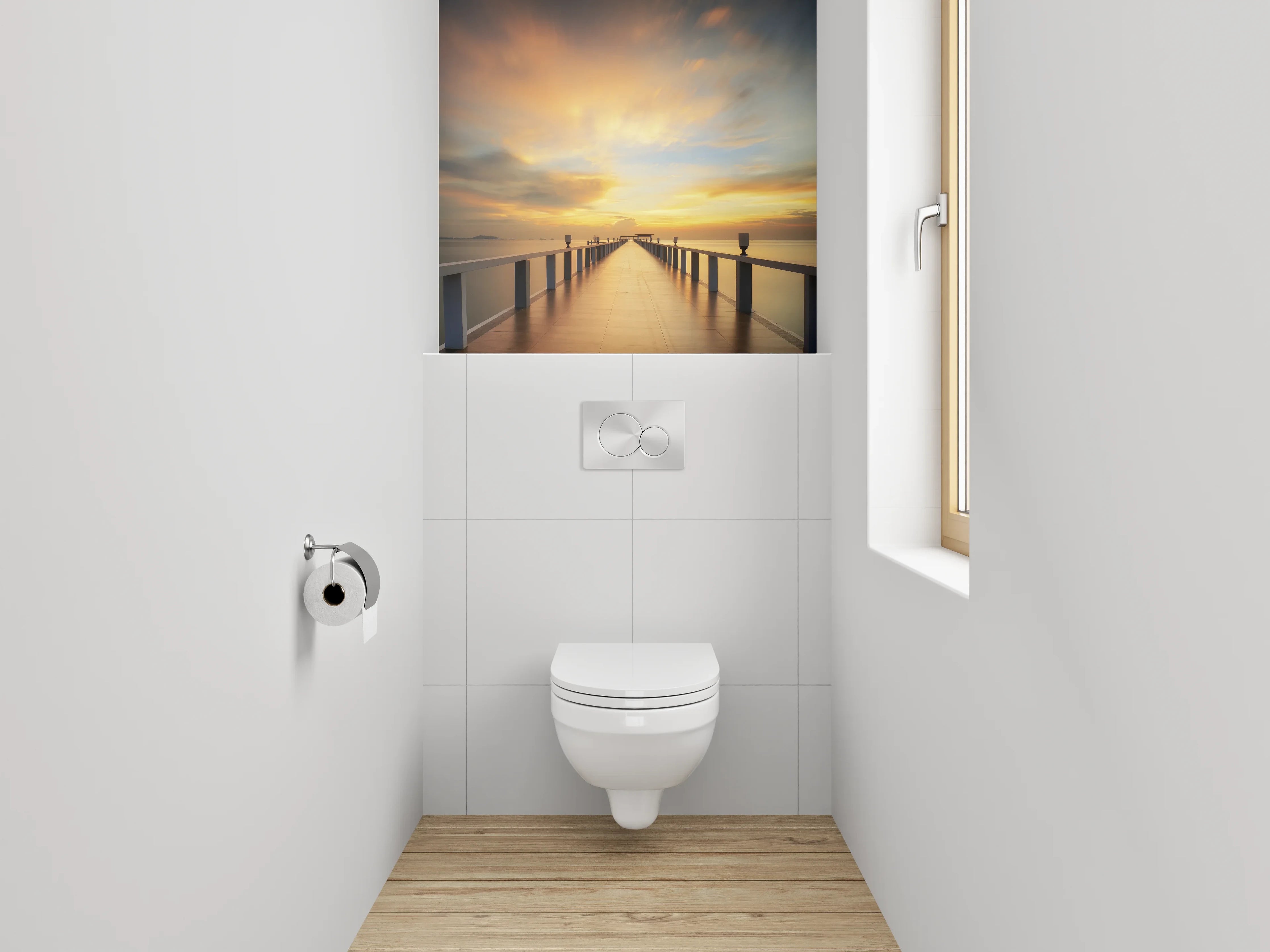 WC-Rückwand - Sonnenuntergang am Steg – Panorama