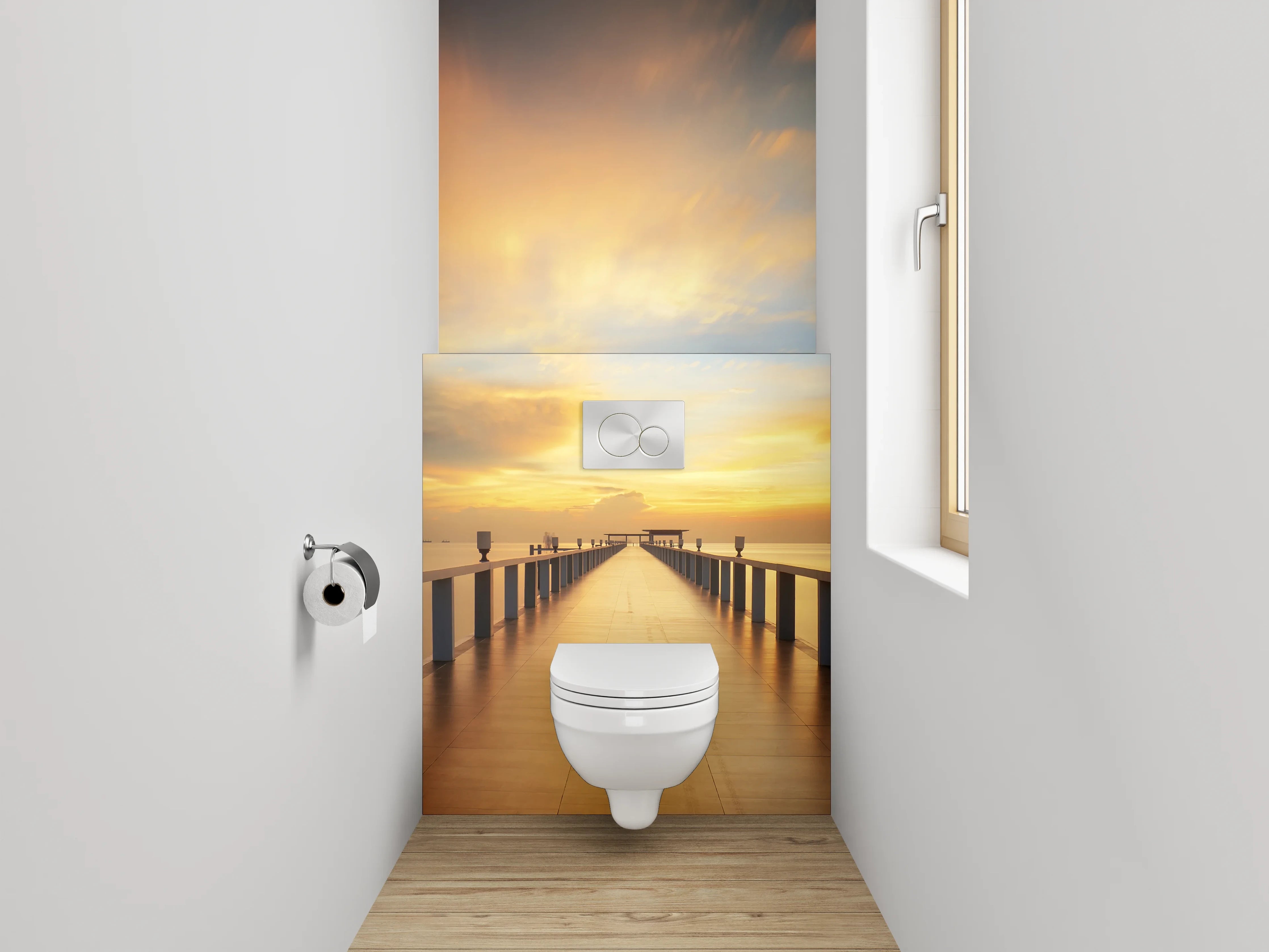 WC-Rückwand - Sonnenuntergang am Steg – Panorama