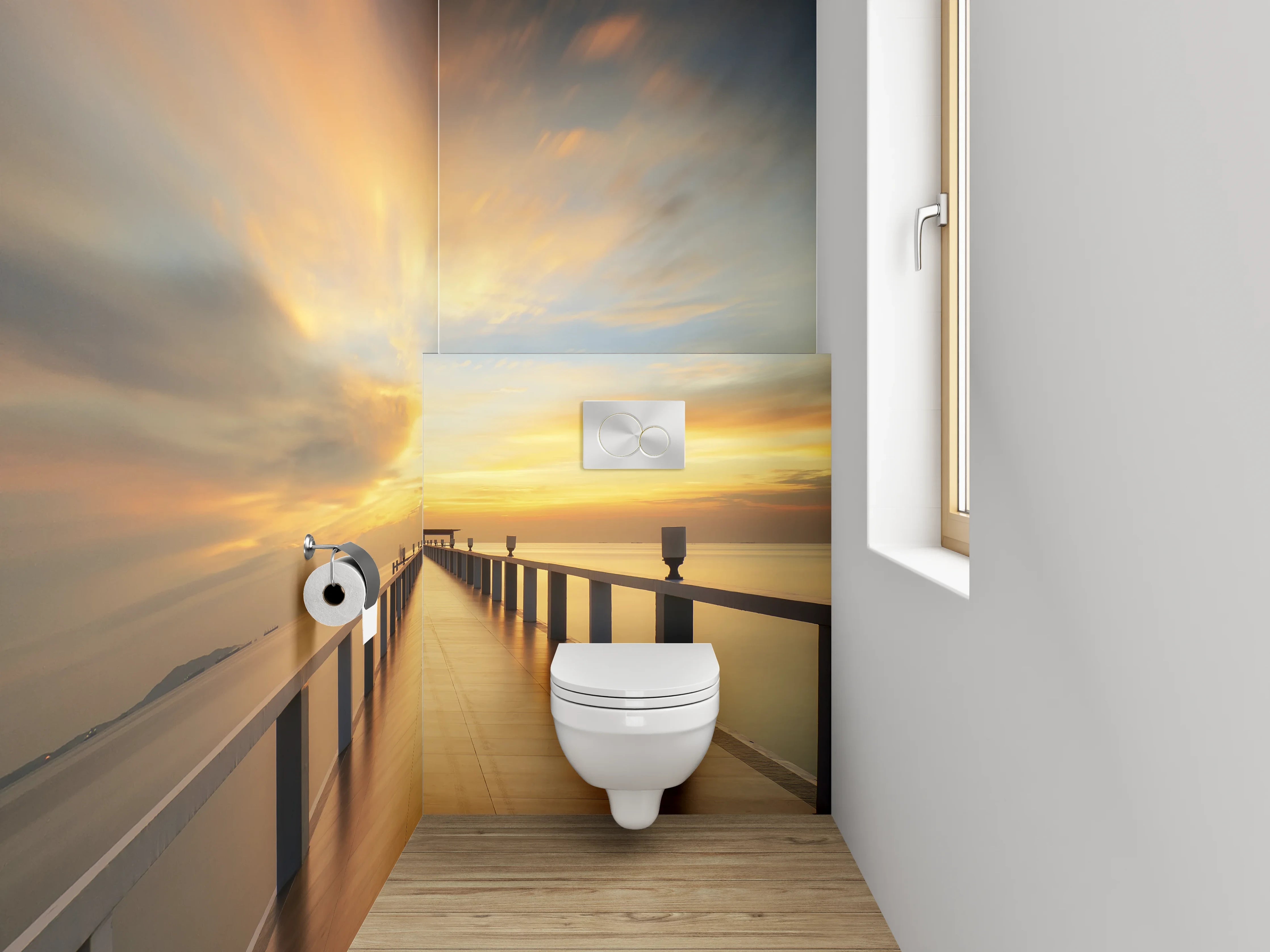 WC-Rückwand - Sonnenuntergang am Steg – Panorama
